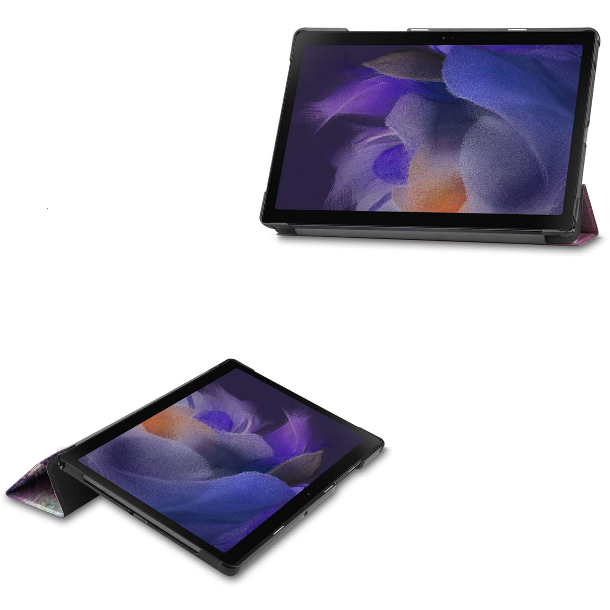 Two angled views of a black tablet with a black case, on a white background, showing a purple wallpaper.
