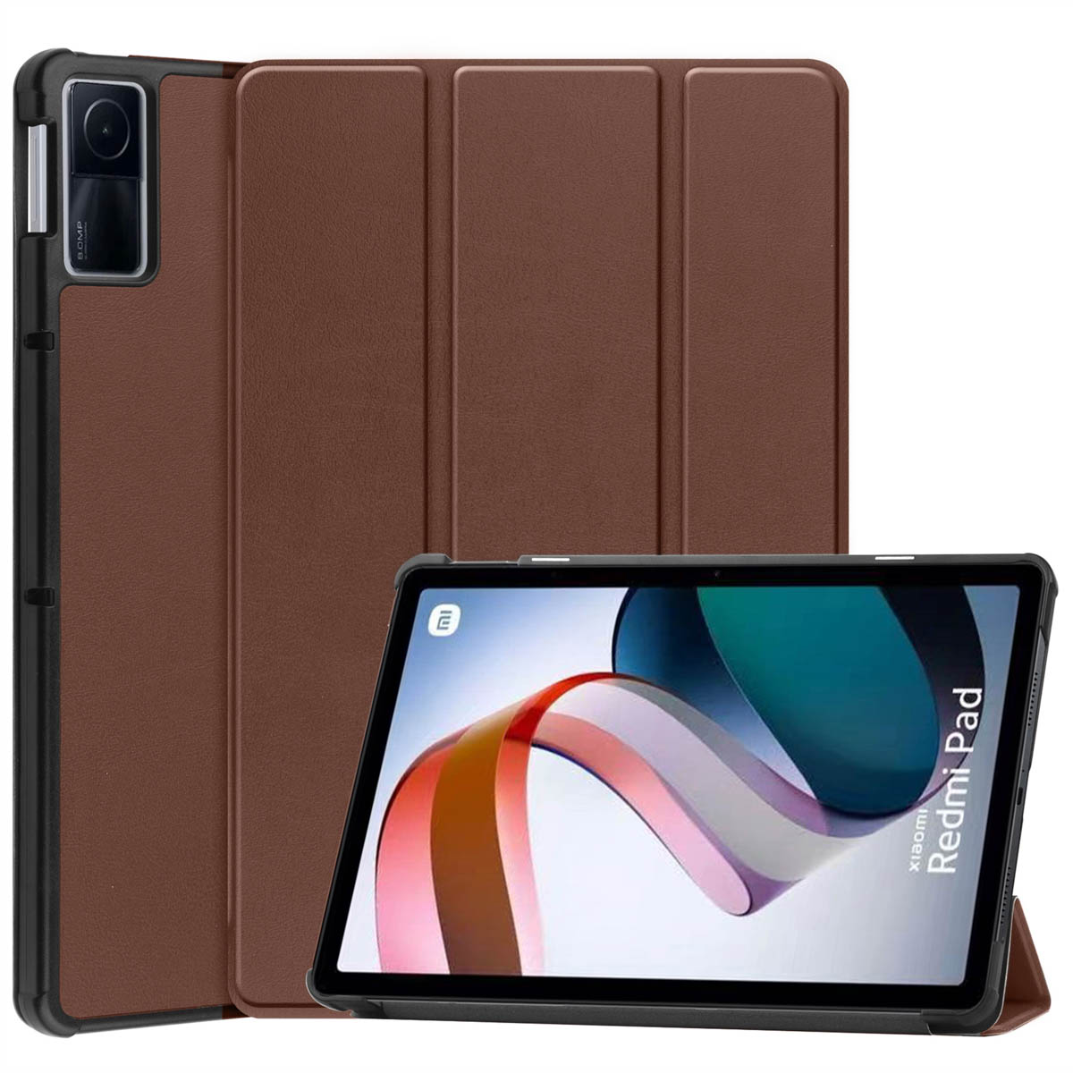 Tablet with brown case, and a second one in the background, showcasing a stand.