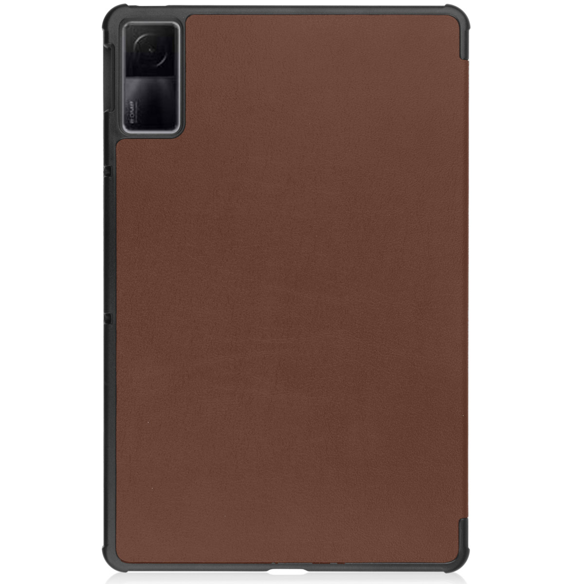 Brown leather-like tablet case with a tablet, showcasing a two-tone design.