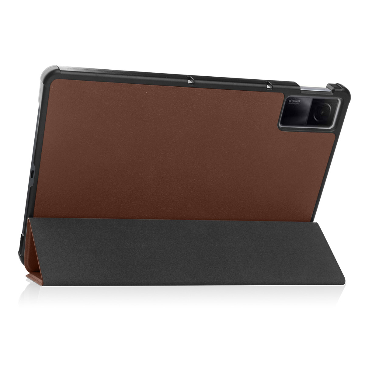 A brown tablet case is open, revealing the inside. The case is on a white surface.