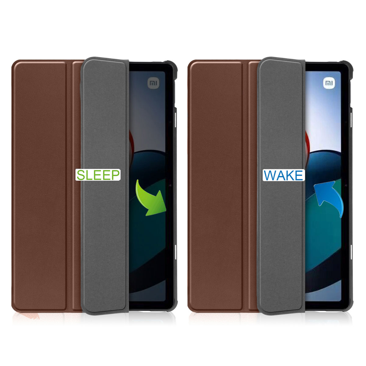 Tablets, one shows 'SLEEP', the other 'WAKE'. Background is white.