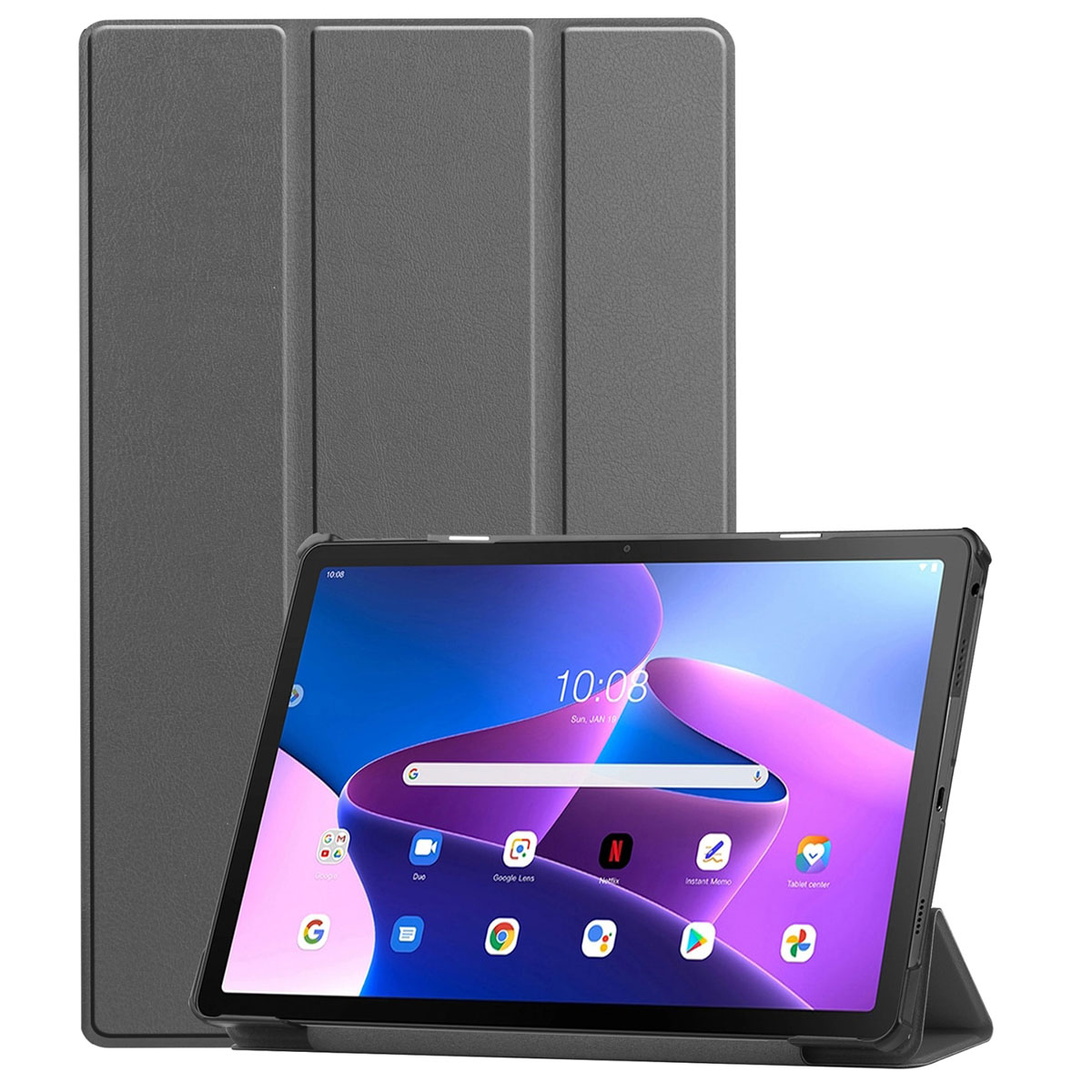 Tablet case with a grey exterior. Tablet screen is visible with a date and time on it.