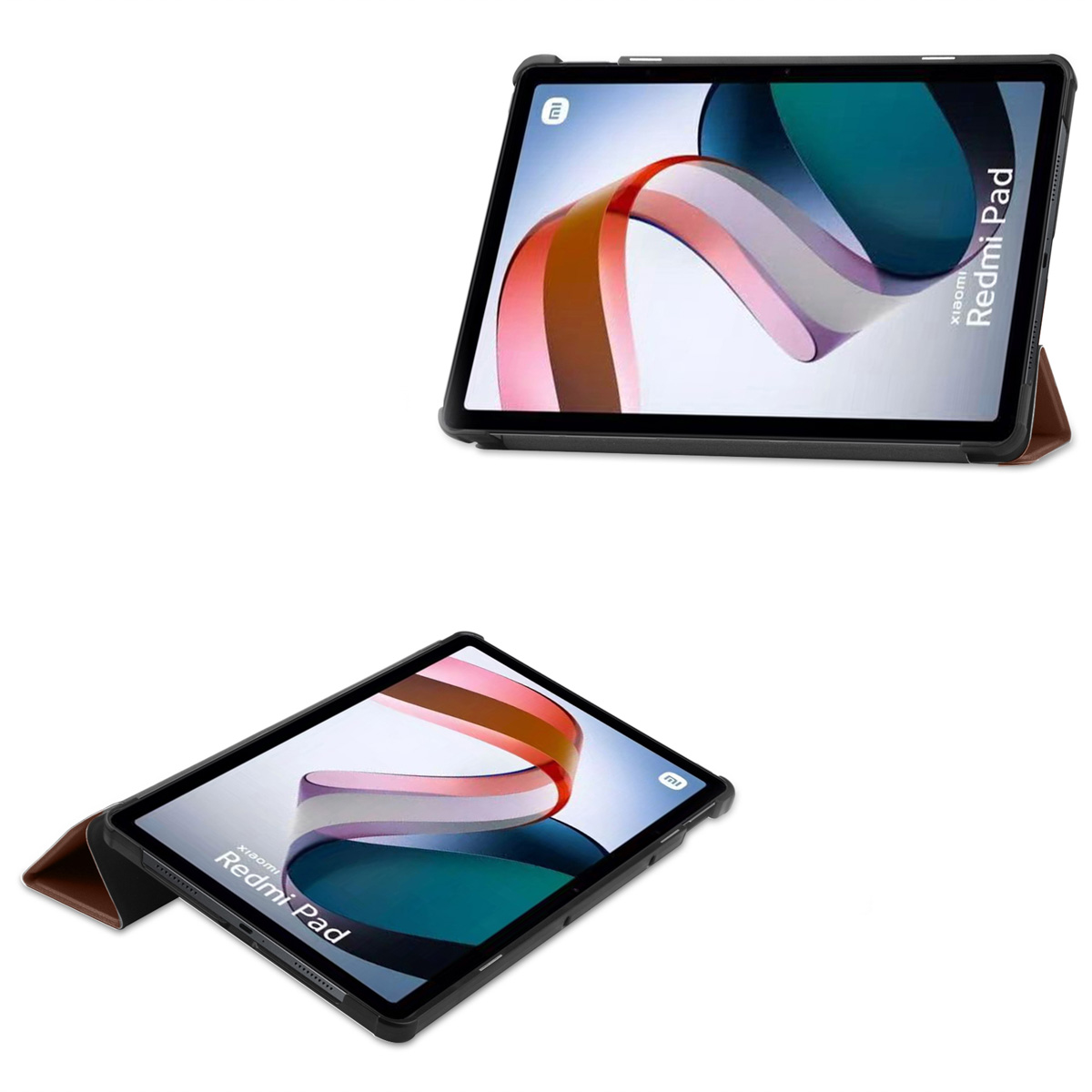 Two tablets in cases. One is open, showing the screen, and the other is closed.