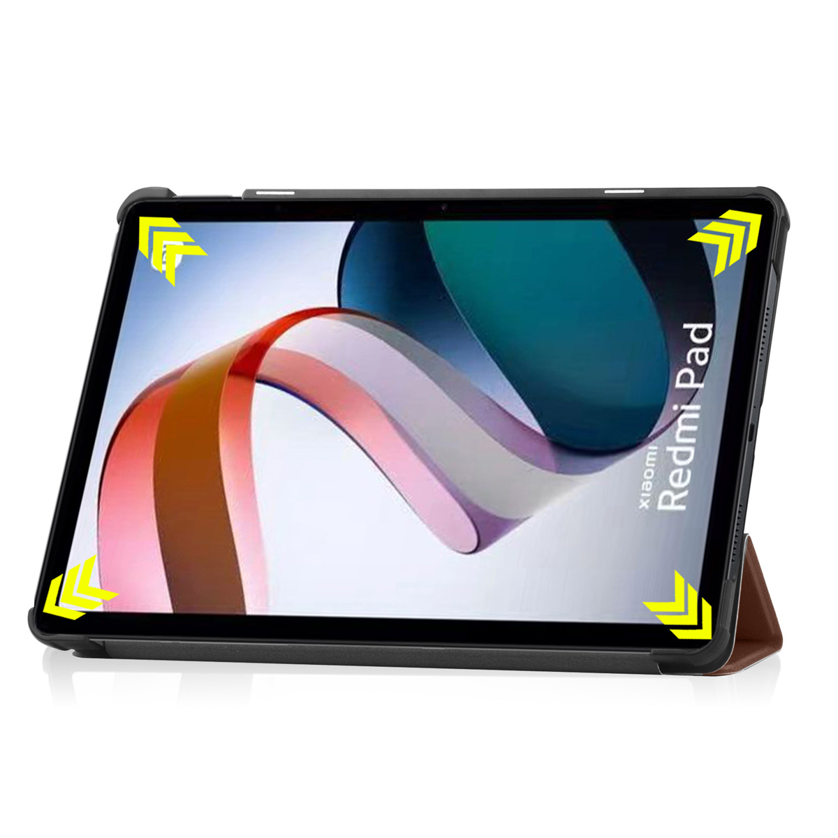 Black tablet case with a brown stand, featuring a screen displaying the Xiaomi Redmi Pad.