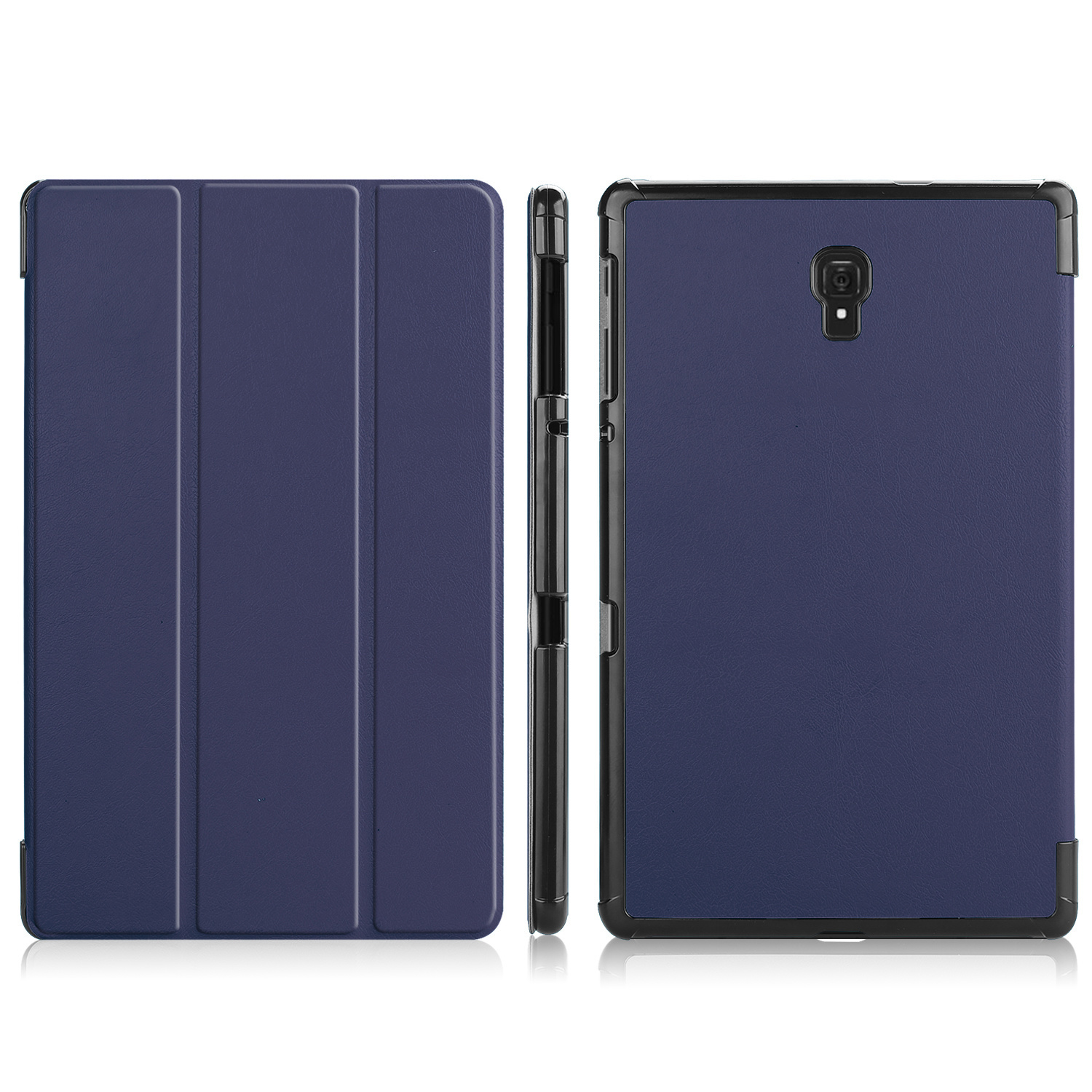 Étui bleu foncé pour tablette, vu fermé, de profil et ouvert.