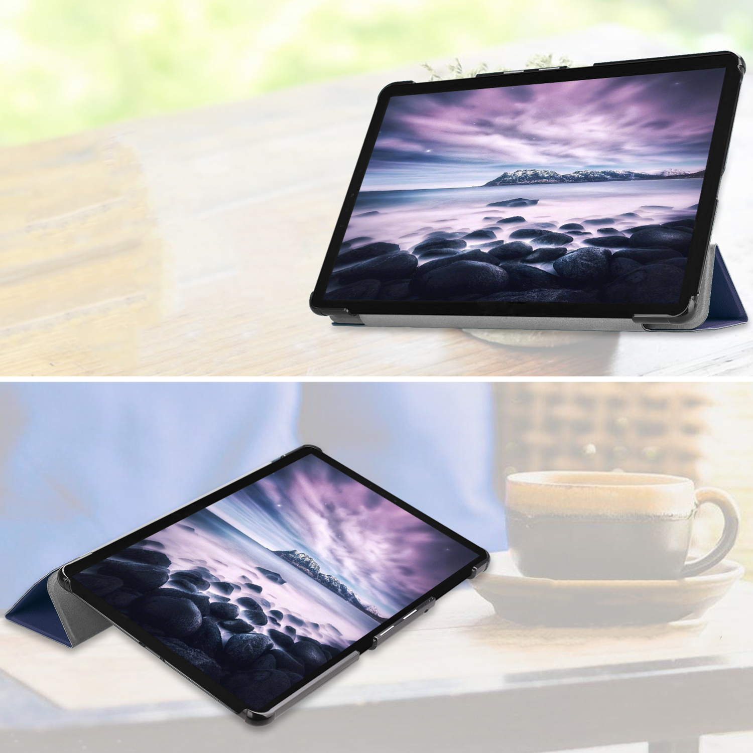 A tablet displaying a landscape scene rests on a wooden table.
