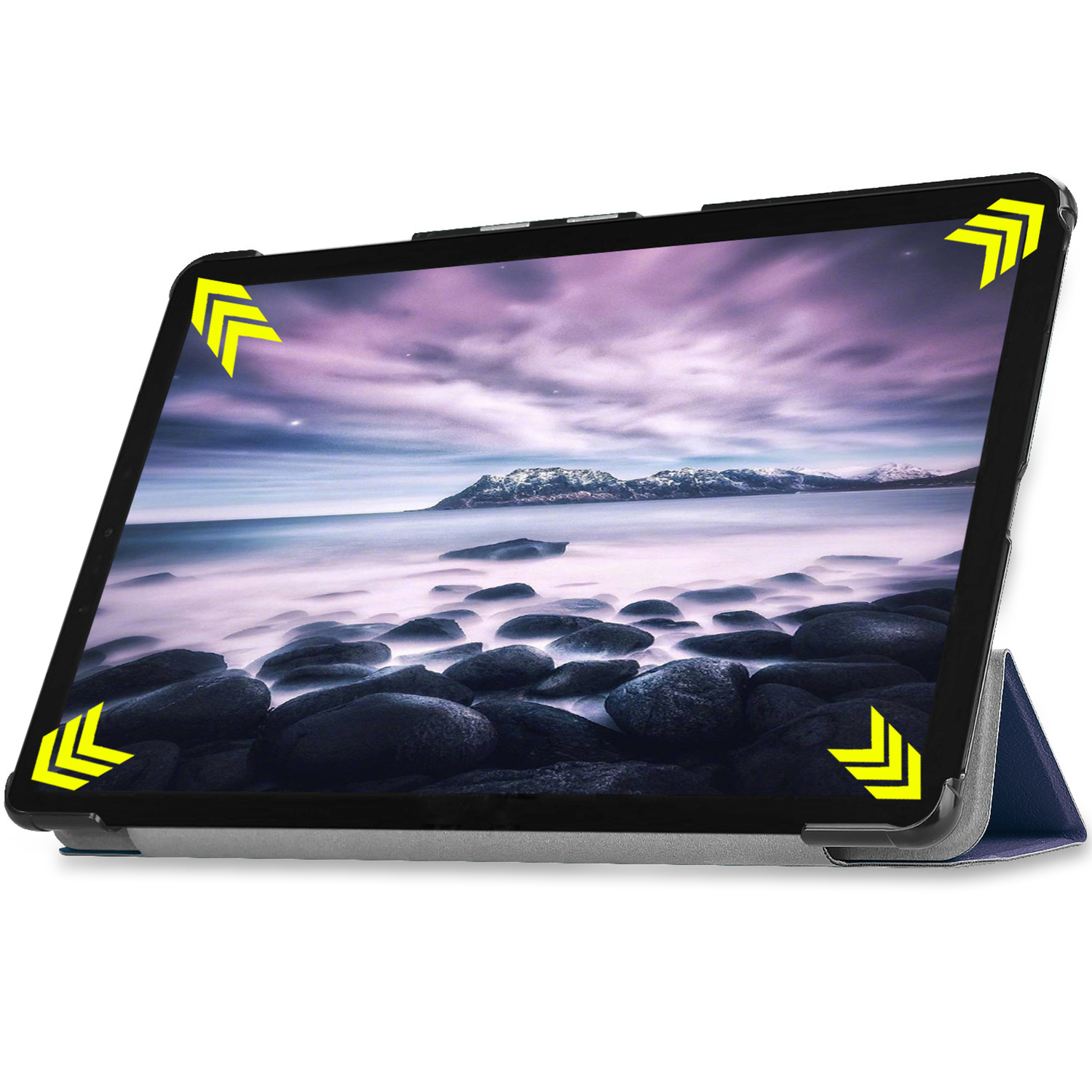Tablette affichant une scène de plage avec rochers et montagnes. Flèches jaunes.