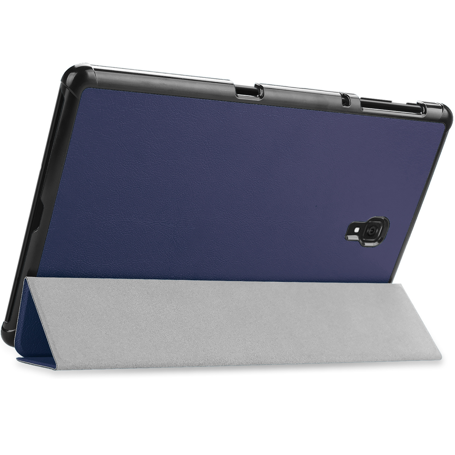 Étui pour tablette bleu foncé avec fonction support, fond blanc.
