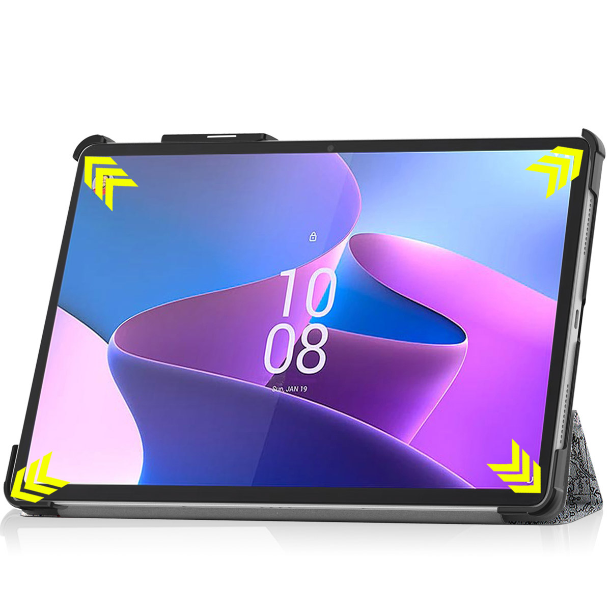 Tablet in a case, screen showing a date and time. Yellow arrows indicate the edges of the screen.