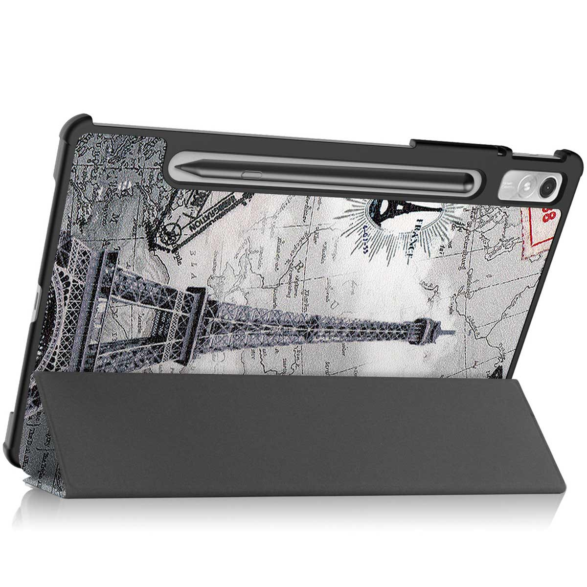 Tablet case with Eiffel Tower and map design, black stand, stylus holder.