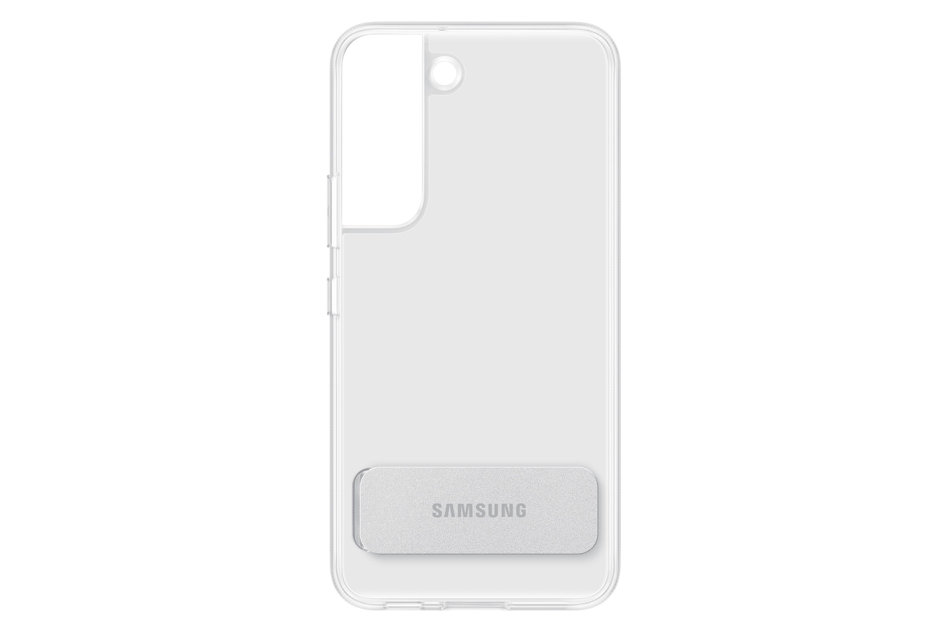Custodia bianca per telefono con supporto. Il supporto è grigio con il logo Samsung. Design pulito e chiaro.