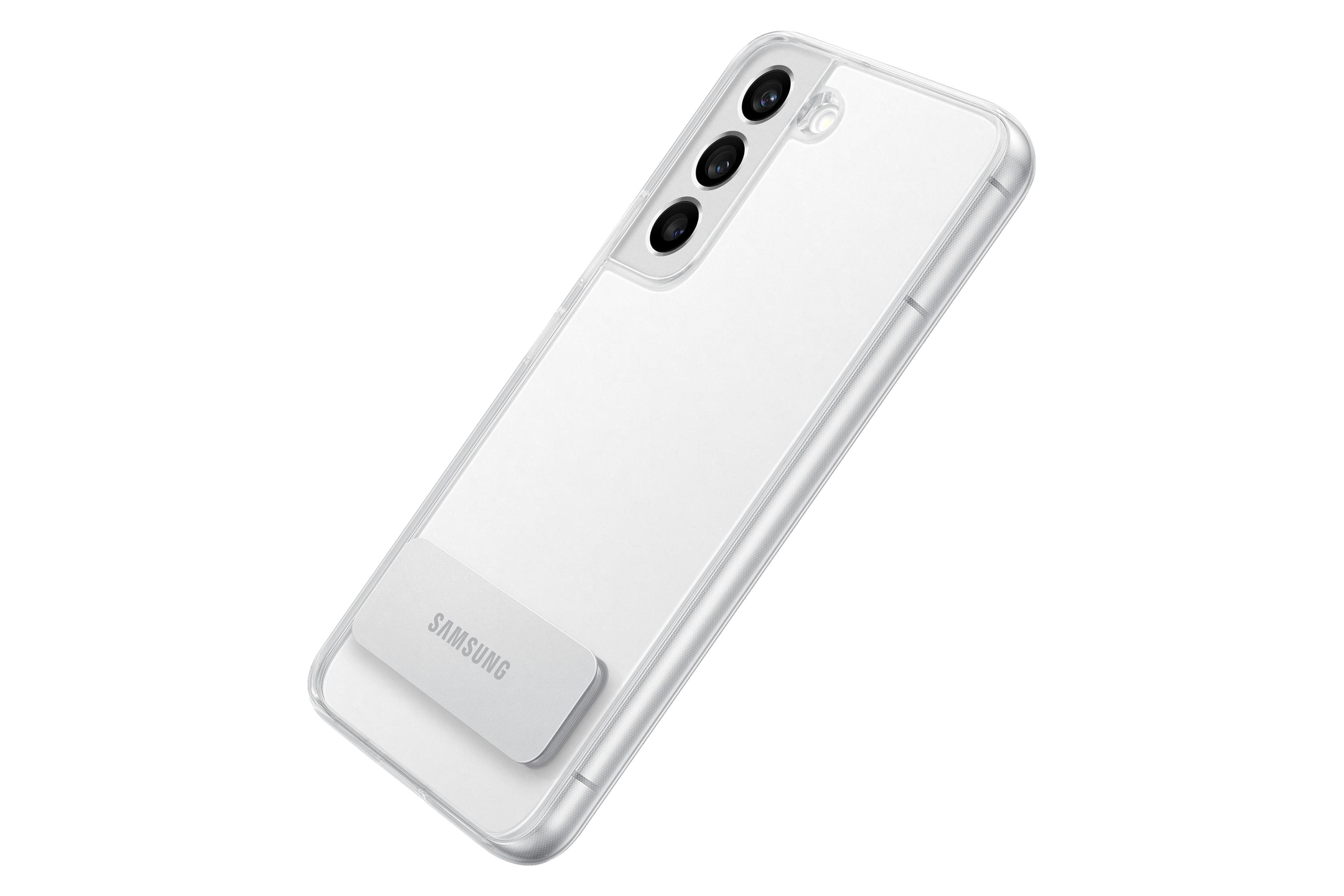Telefono bianco con custodia trasparente. Il telefono ha tre fotocamere.