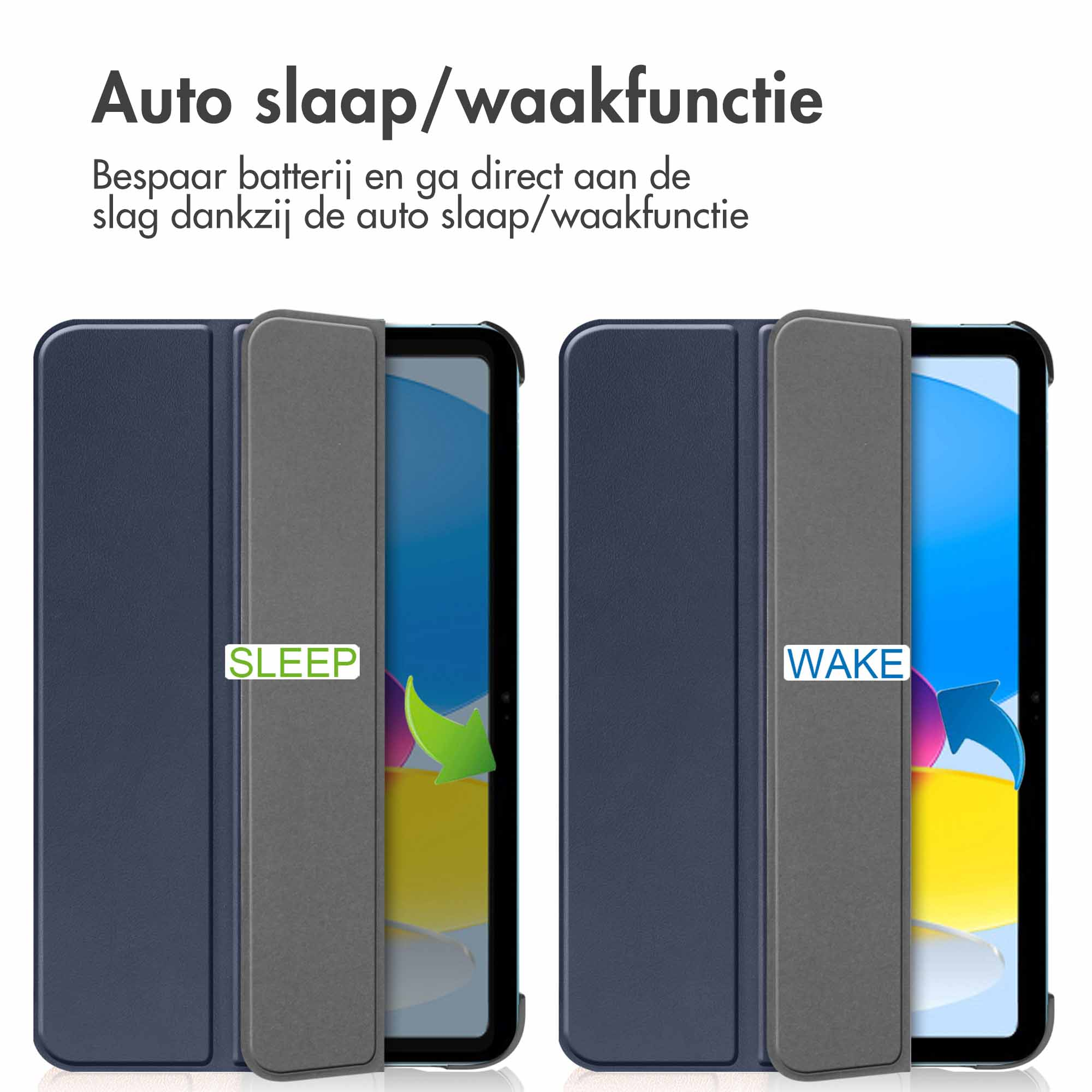 Twee tablets met hoes: Links "SLEEP" met groene pijl, rechts "WAKE" met blauwe pijl.