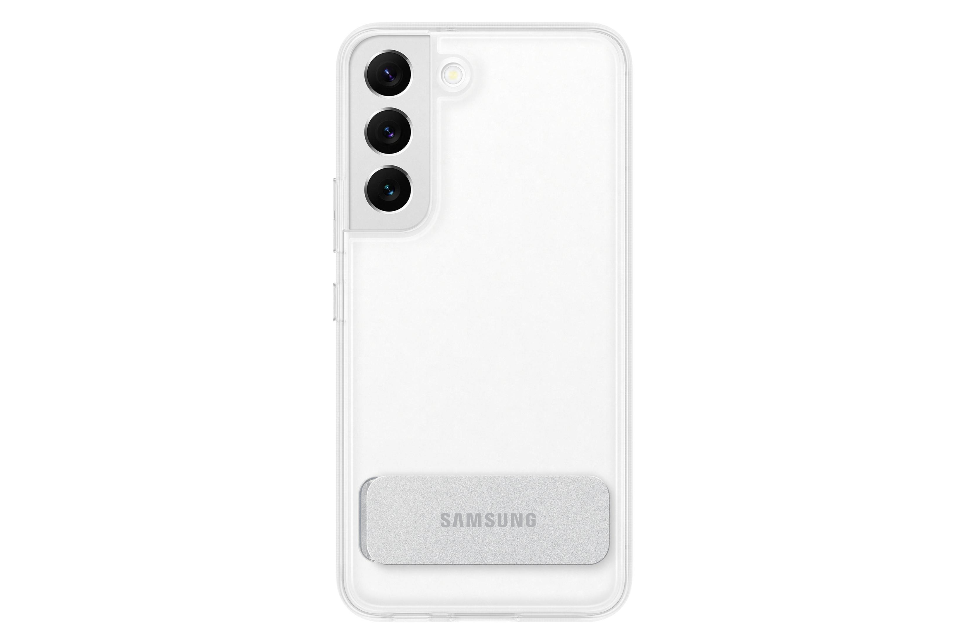 Smartphone bianco con custodia trasparente e supporto. Il logo Samsung è visibile.