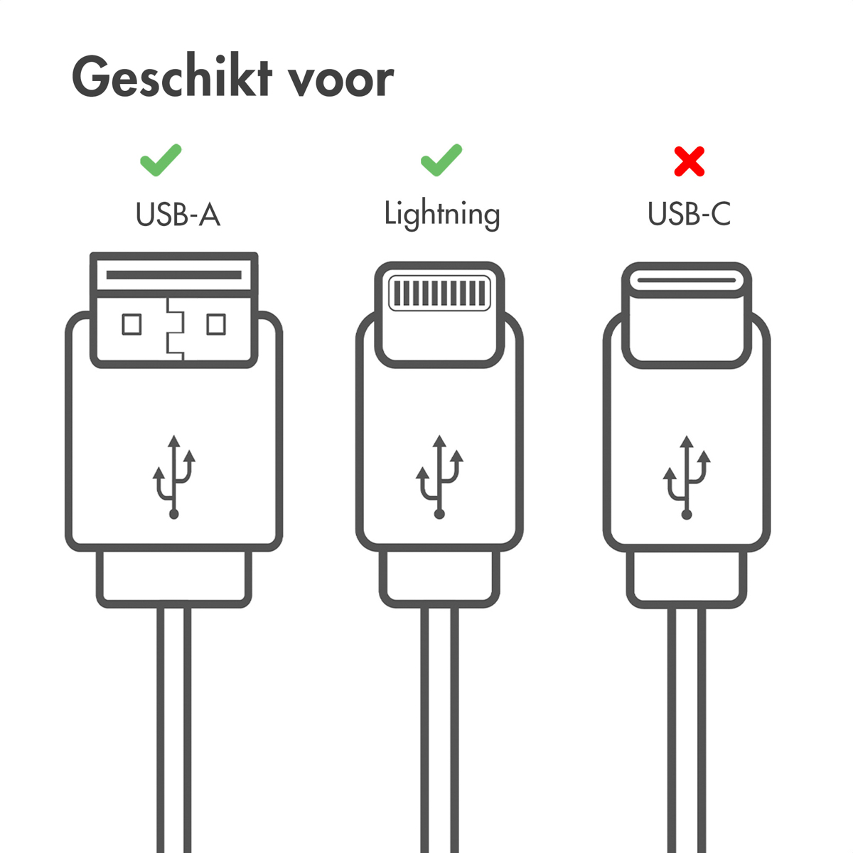 Schéma des câbles USB. USB-A et Lightning sont cochés, USB-C est barré.