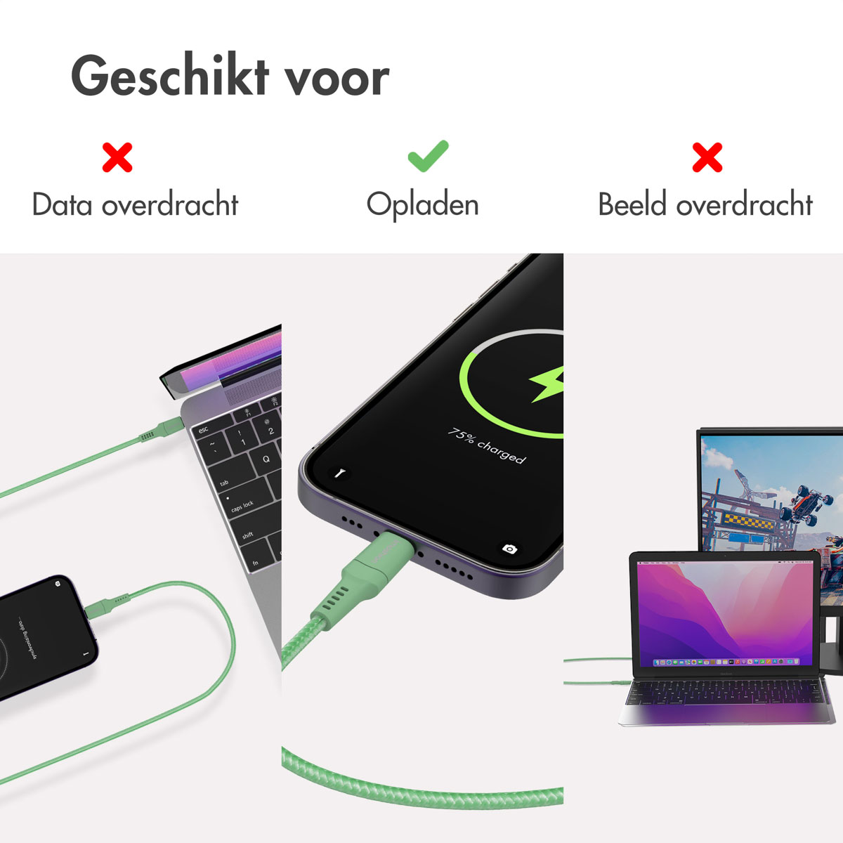 Images montrant la charge d'un téléphone et d'un ordinateur portable, un ordinateur portable connecté à un moniteur. Câbles verts.