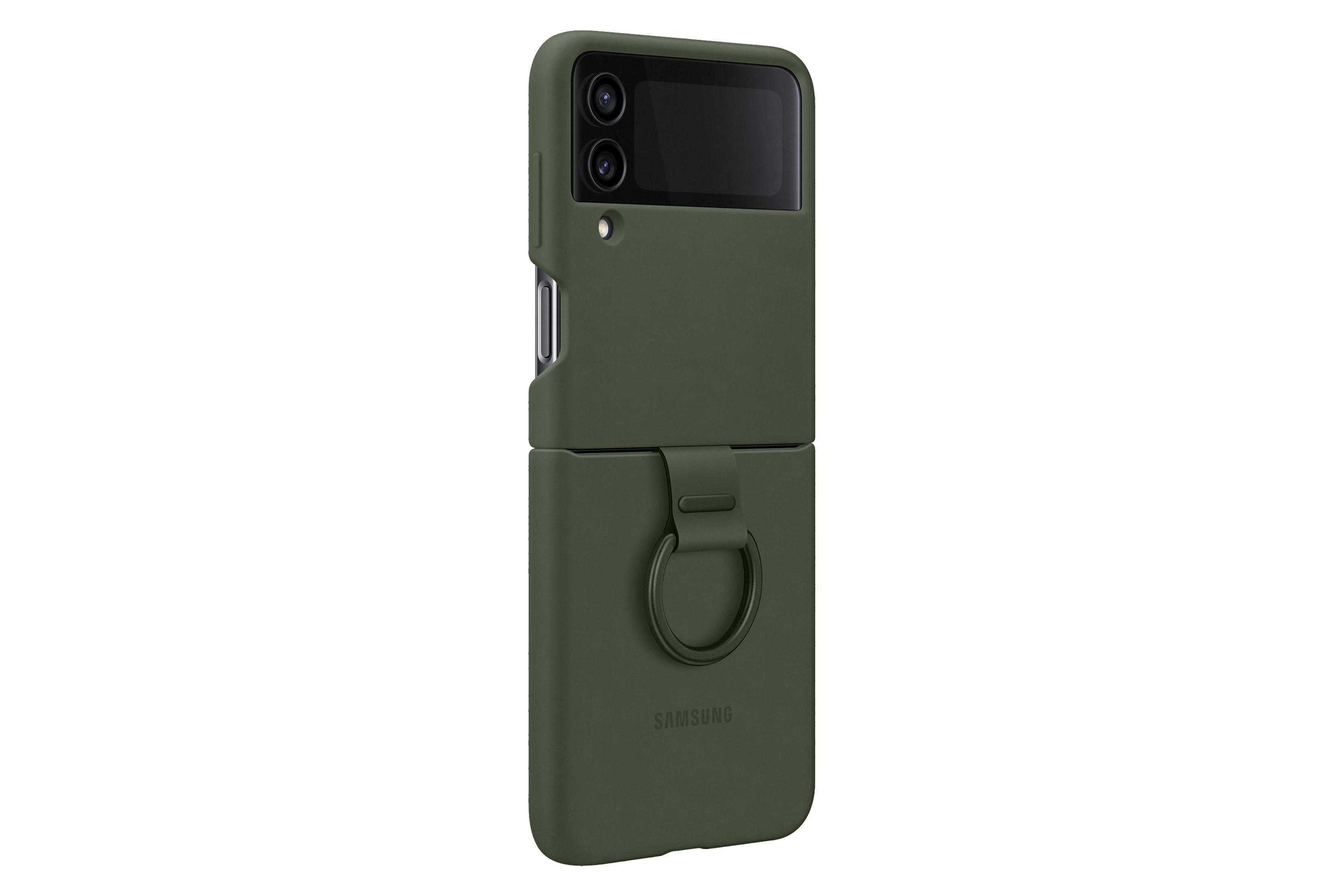 Olivgrüne Handyhülle, offen, mit Ring. Samsung-Logo sichtbar. Weißer Hintergrund.