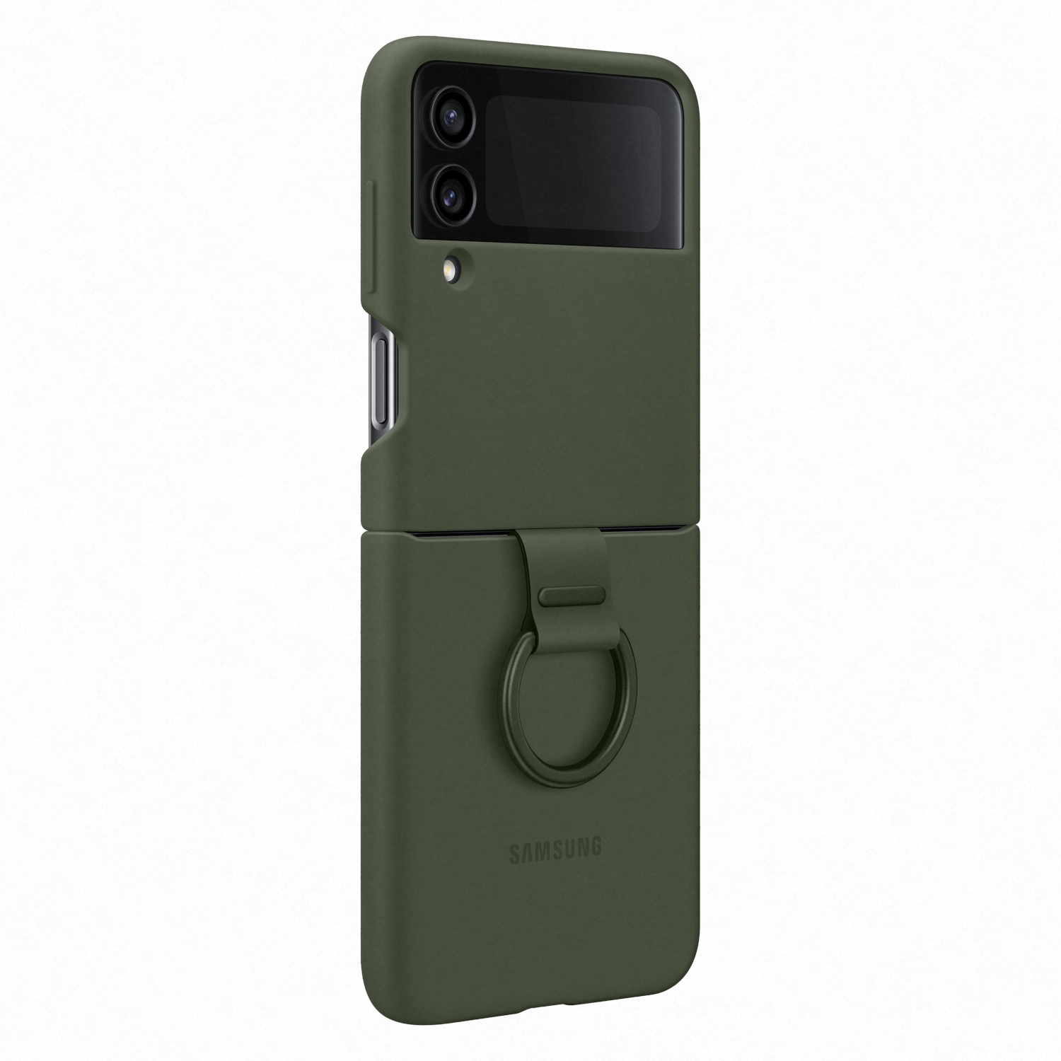 Grüne Handyhülle mit Ringhalter, Samsung-Logo. Das Telefon befindet sich in gefalteter Position.
