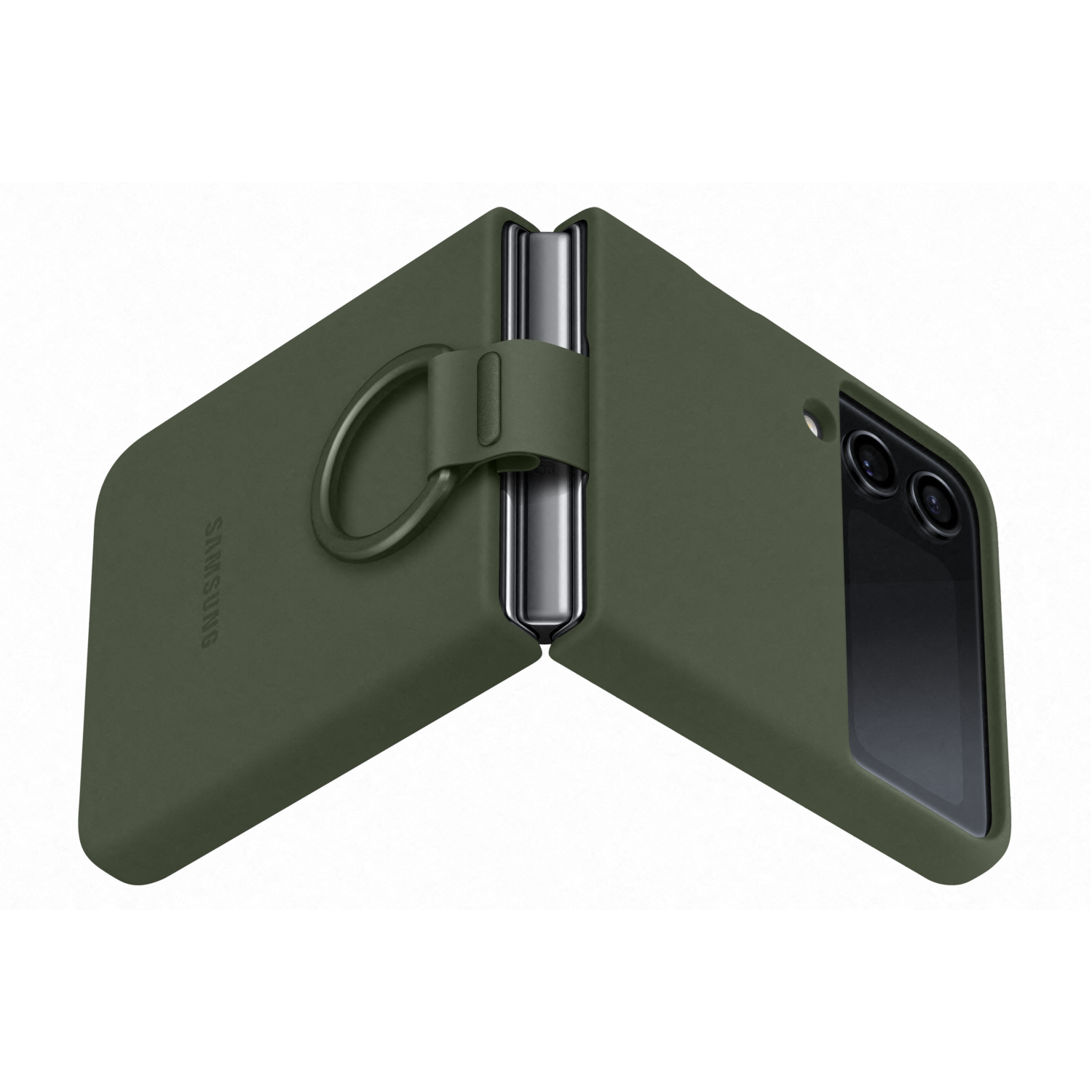 Grüne Handyhülle, offen, mit Ringhalter. Samsung-Logo auf der Hülle sichtbar.