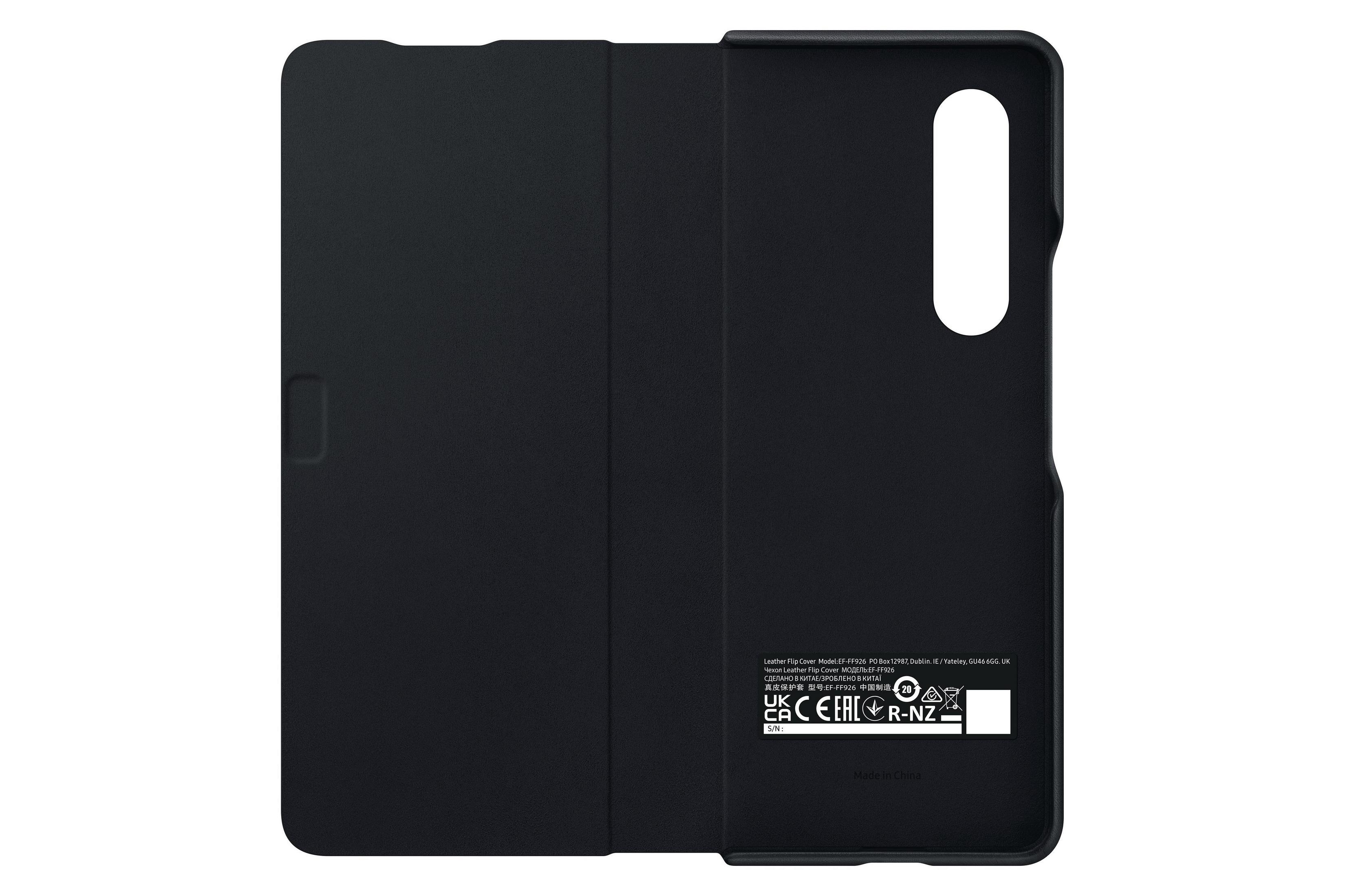 Funda de teléfono negra, abierta, con etiquetas dentro. Muestra el interior y la etiqueta.