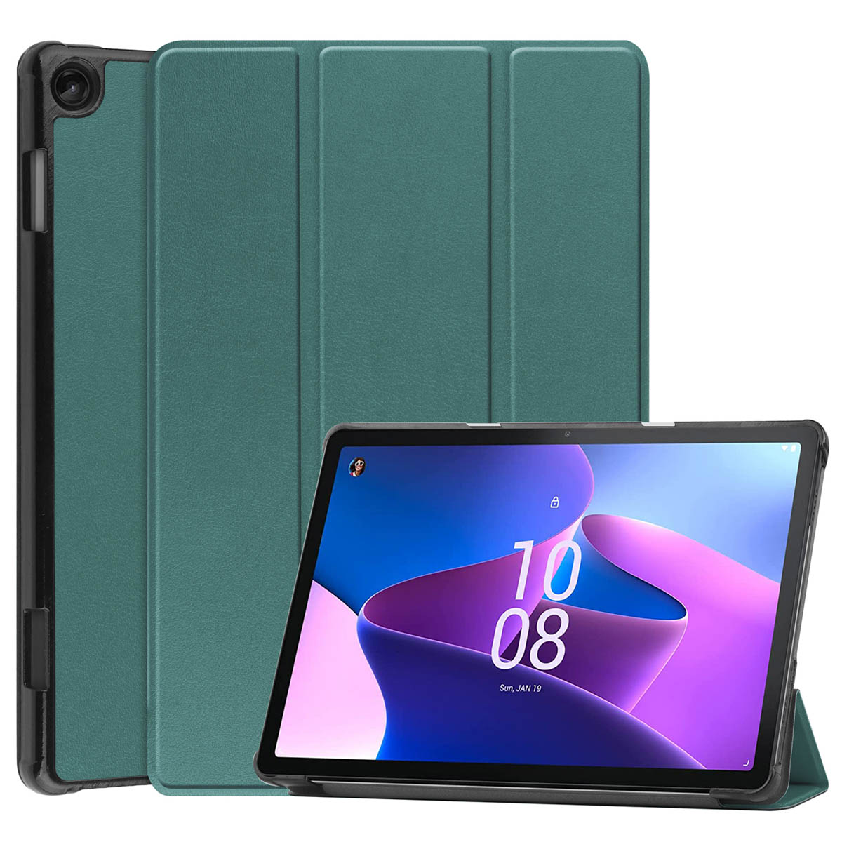 Tablet with green case, the screen displaying a clock and apps on a purple and blue background.