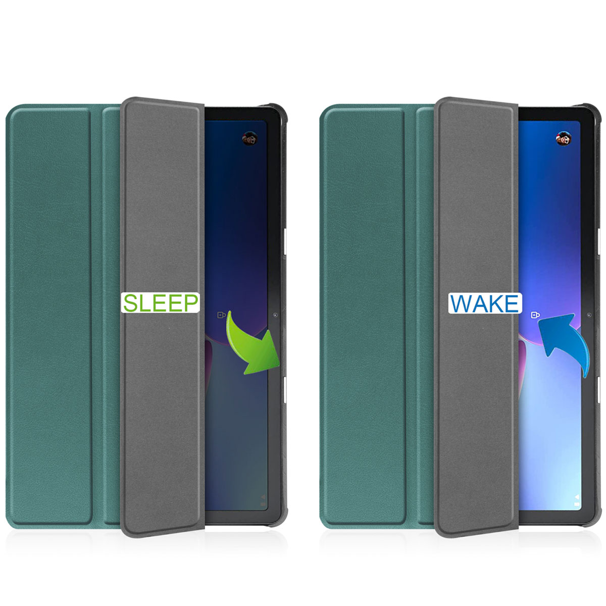 Two tablets, one labeled "SLEEP" with a green arrow, the other "WAKE" with a blue arrow.
