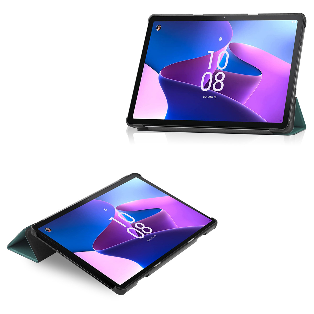 Two tablets with cases, in different positions, with a digital display.