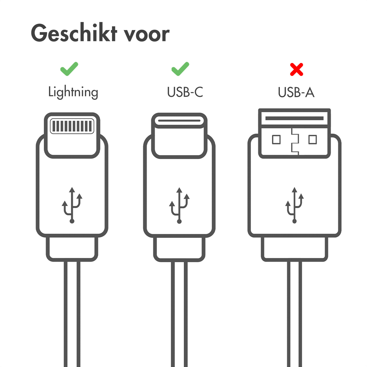 Schéma des câbles USB. Lightning et USB-C sont cochés, USB-A est barré.