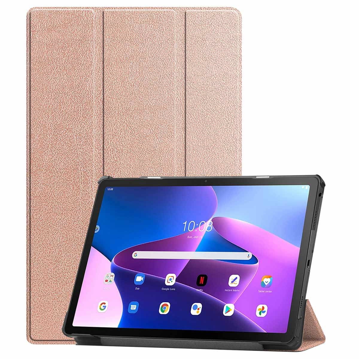 Rose gold tablet case, open, with a tablet displaying the screen.