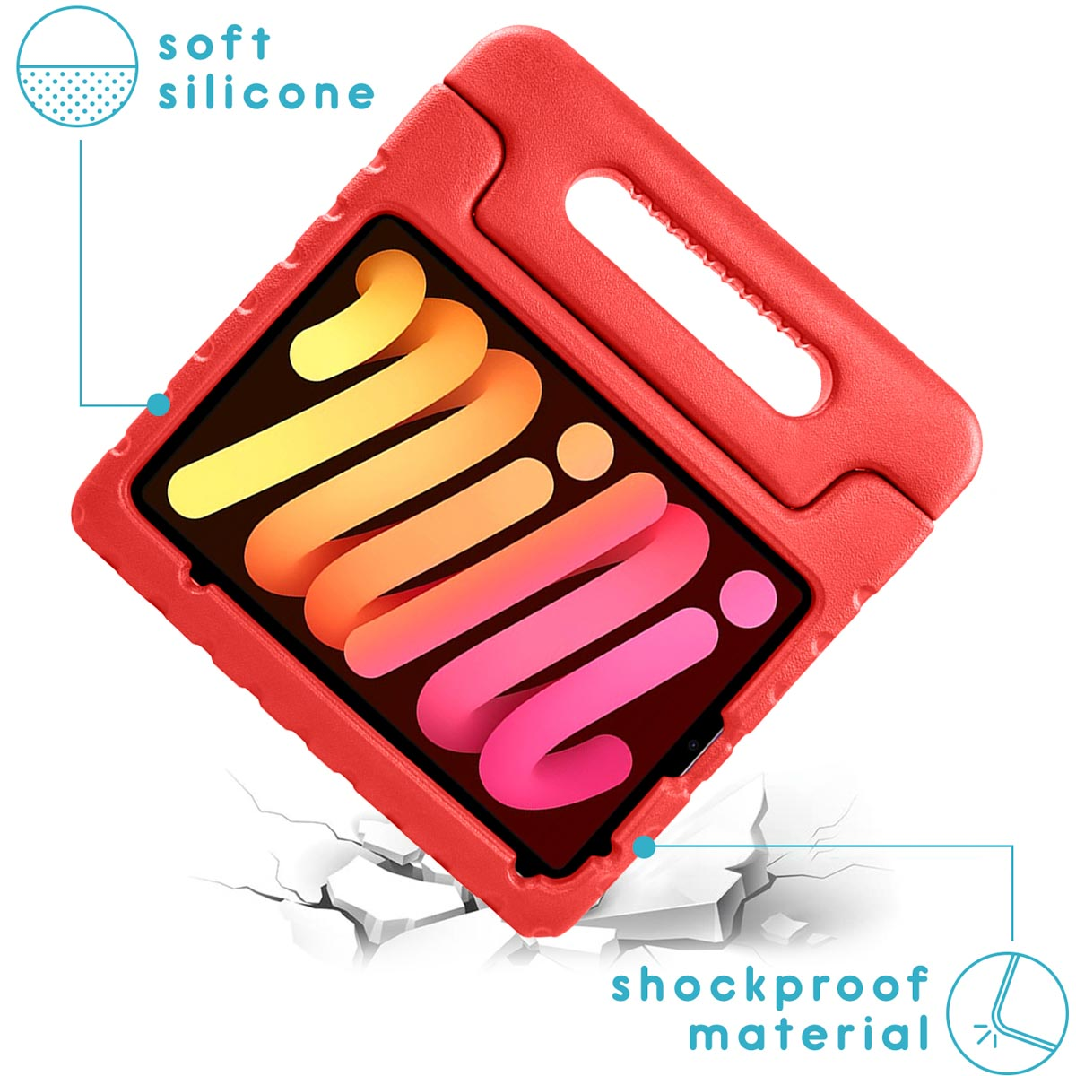 Rode tablethoes met handvat. De tablet toont het woord 'mini' op het scherm. Schokbestendig materiaal.