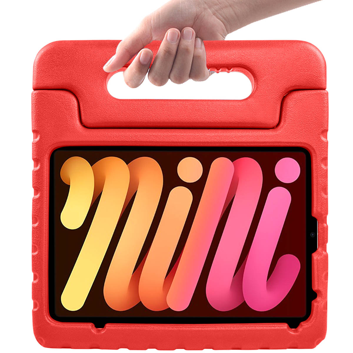 Rode iPad-hoes van schuim met handvat, hand houdt het vast, toont een mini iPad met kleurrijk scherm.