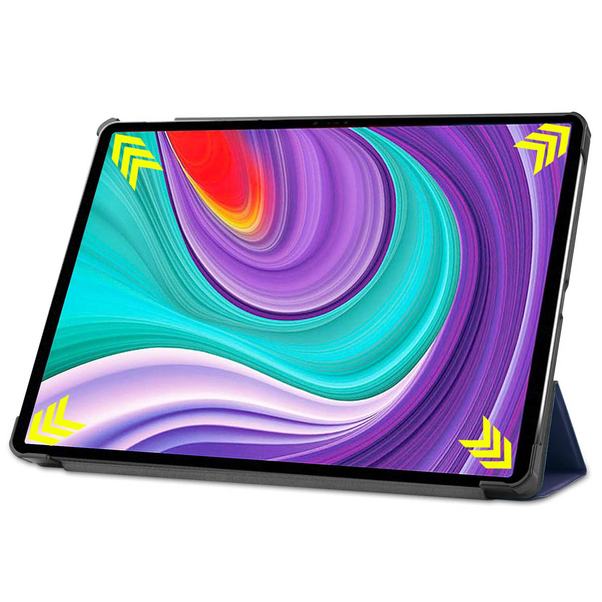 A tablet in a dark blue case displaying a colorful wallpaper.