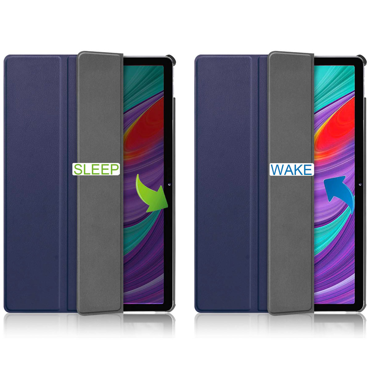 Two tablets in blue cases. Left says SLEEP, right says WAKE.