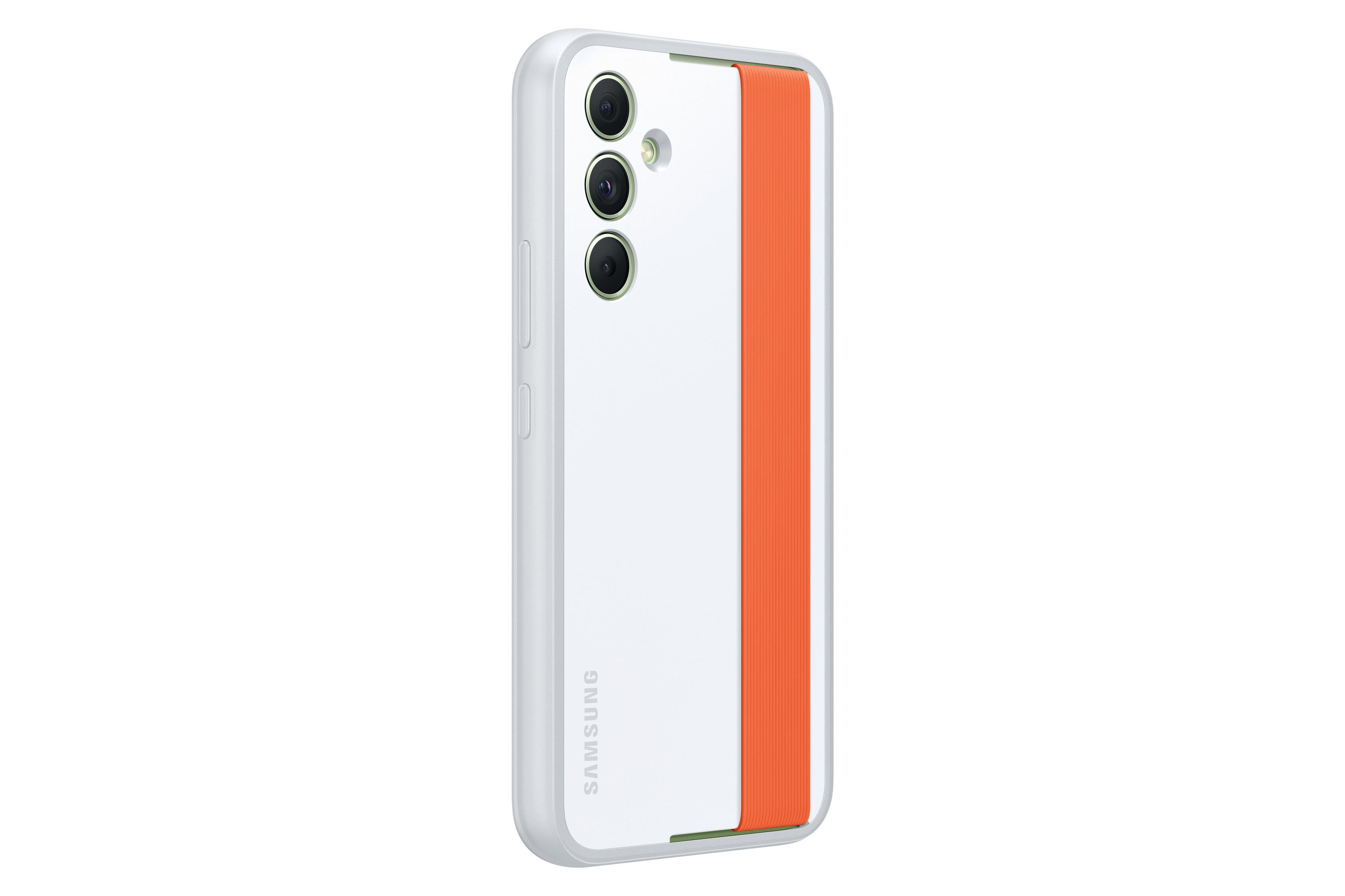Witte telefoonhoes met oranje band. Samsung-logo onderaan. Drie cameralenzen linksboven.