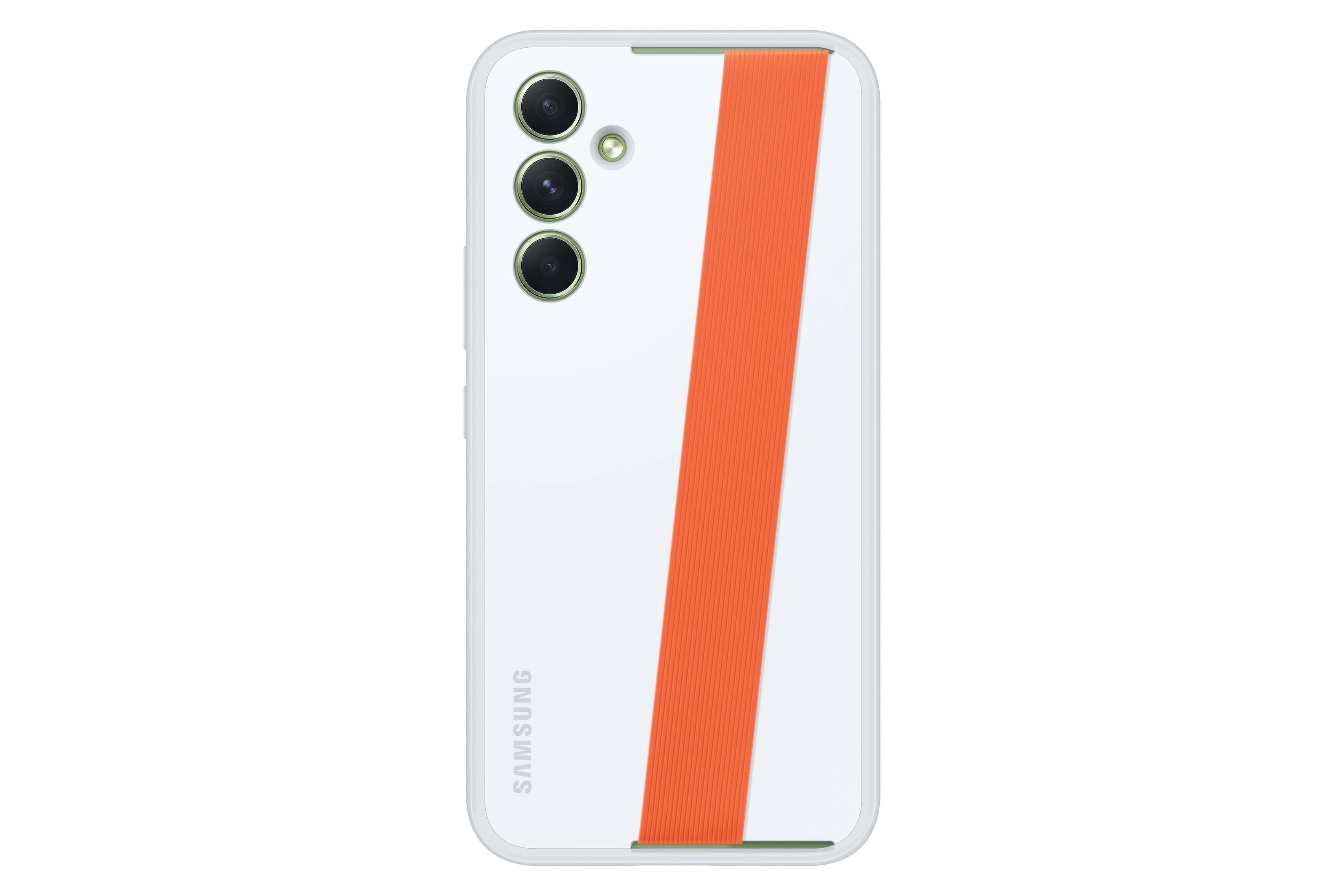 Witte Samsung telefoon met oranje bandje. Drie camera's zichtbaar. Op een wit oppervlak.