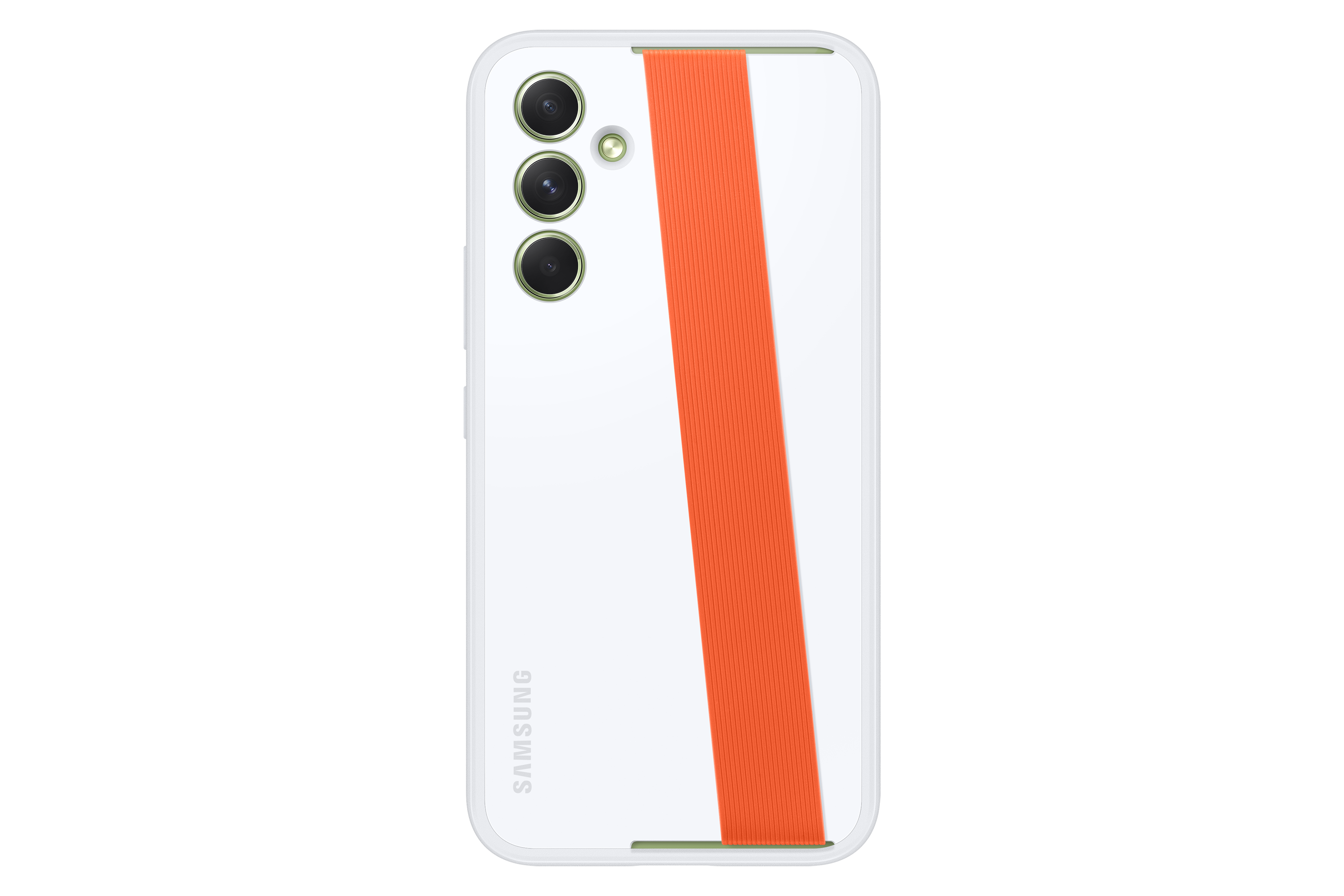 Witte telefoonhoes met een oranje band. Drie cameralenzen zichtbaar. Merk: Samsung.