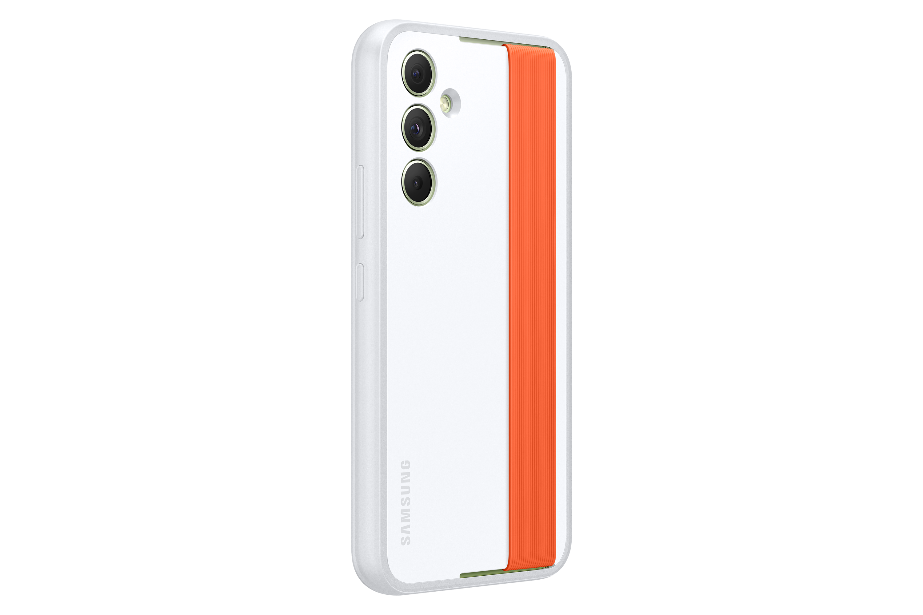 Witte telefoonhoes met oranje streep. Drie cameralenzen zichtbaar.