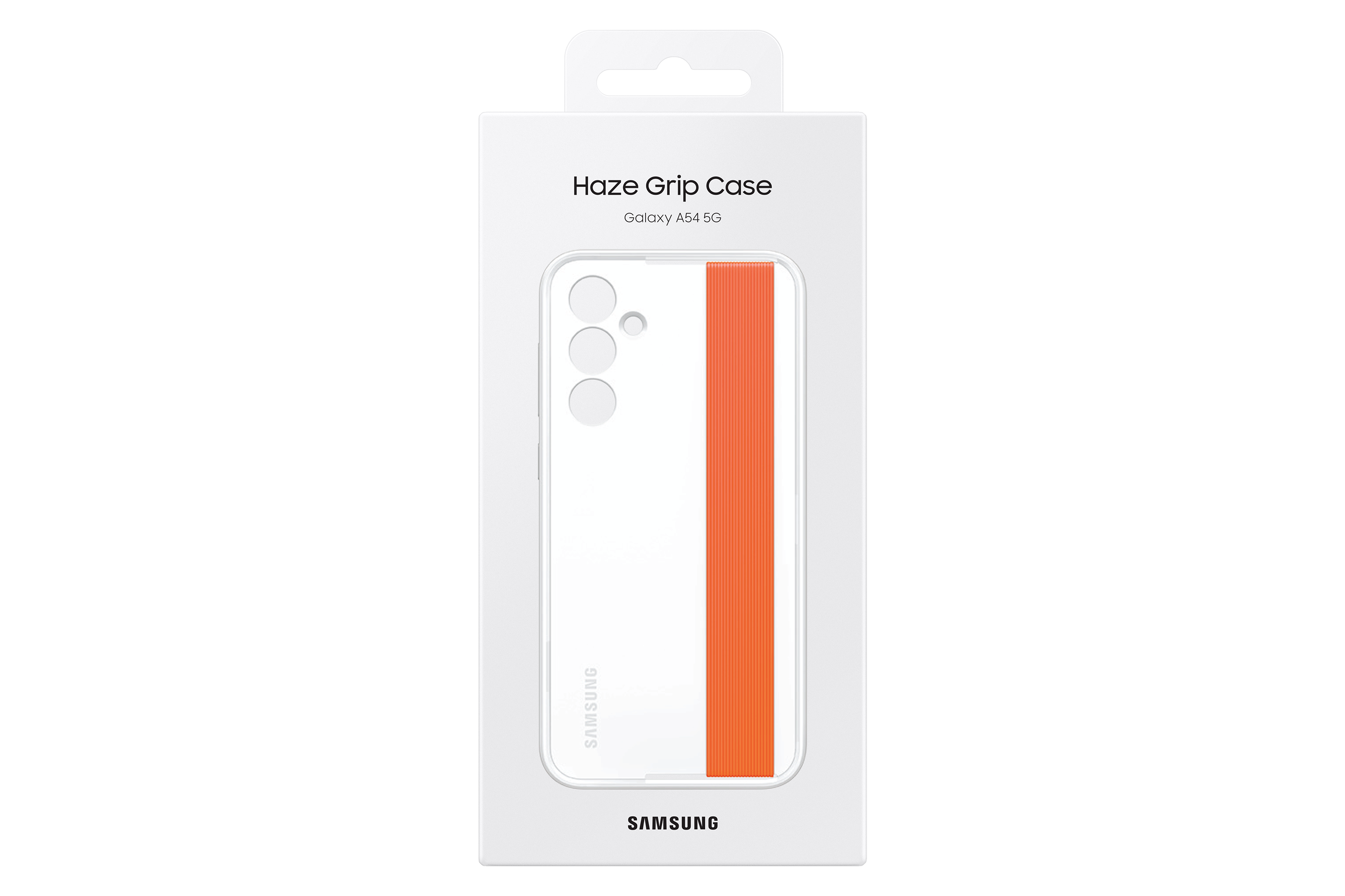 Witte telefoonhoesverpakking met een oranje streep, met de telefoon.