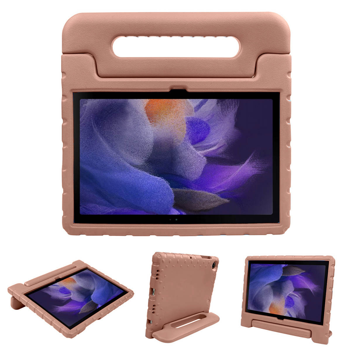 Tablet in een roze hoes met een handvat. Er worden verschillende weergaven van de tablet en de hoes getoond.
