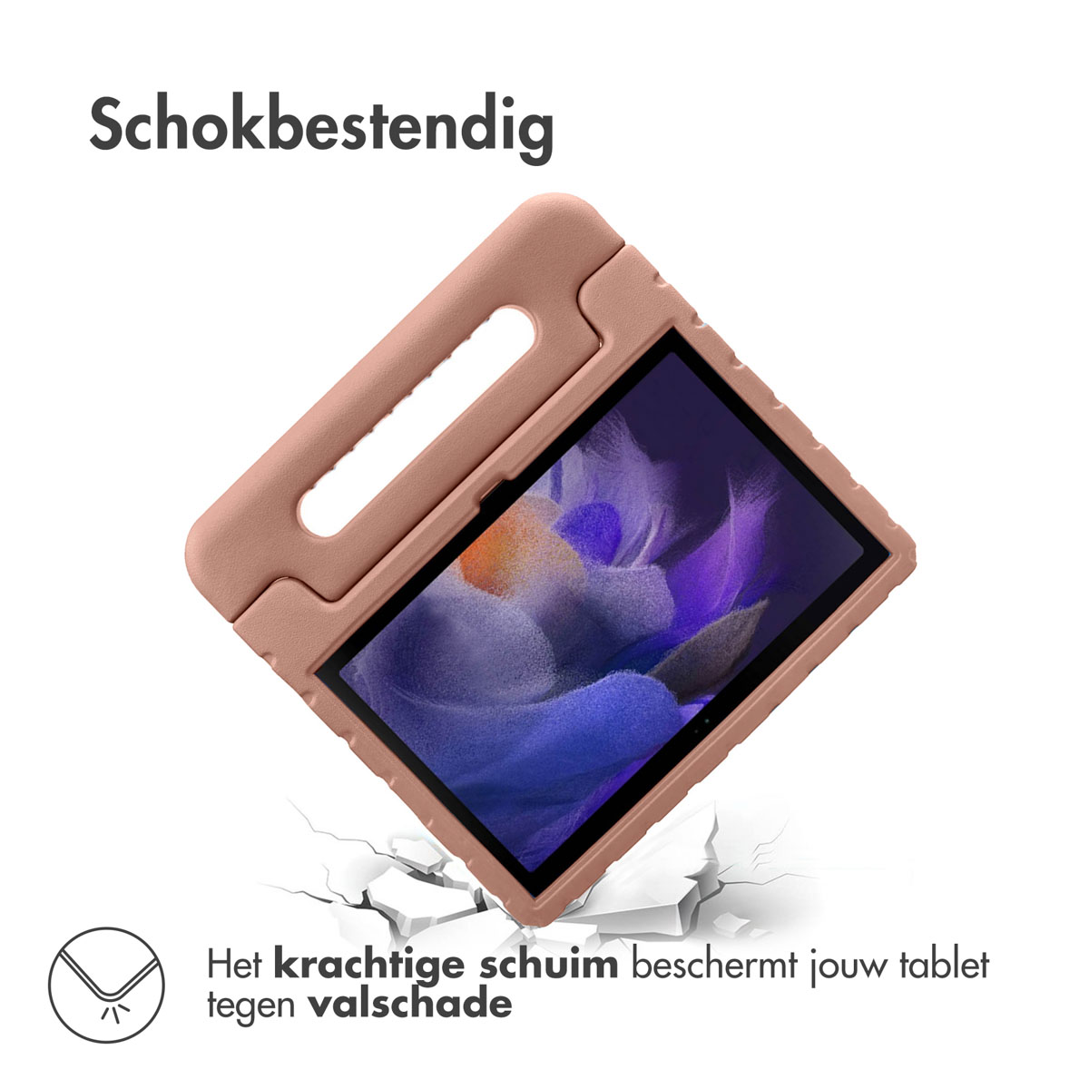 Tablet in roze hoes valt. De hoes heeft een handvat. Tekst: Schokbestendig.