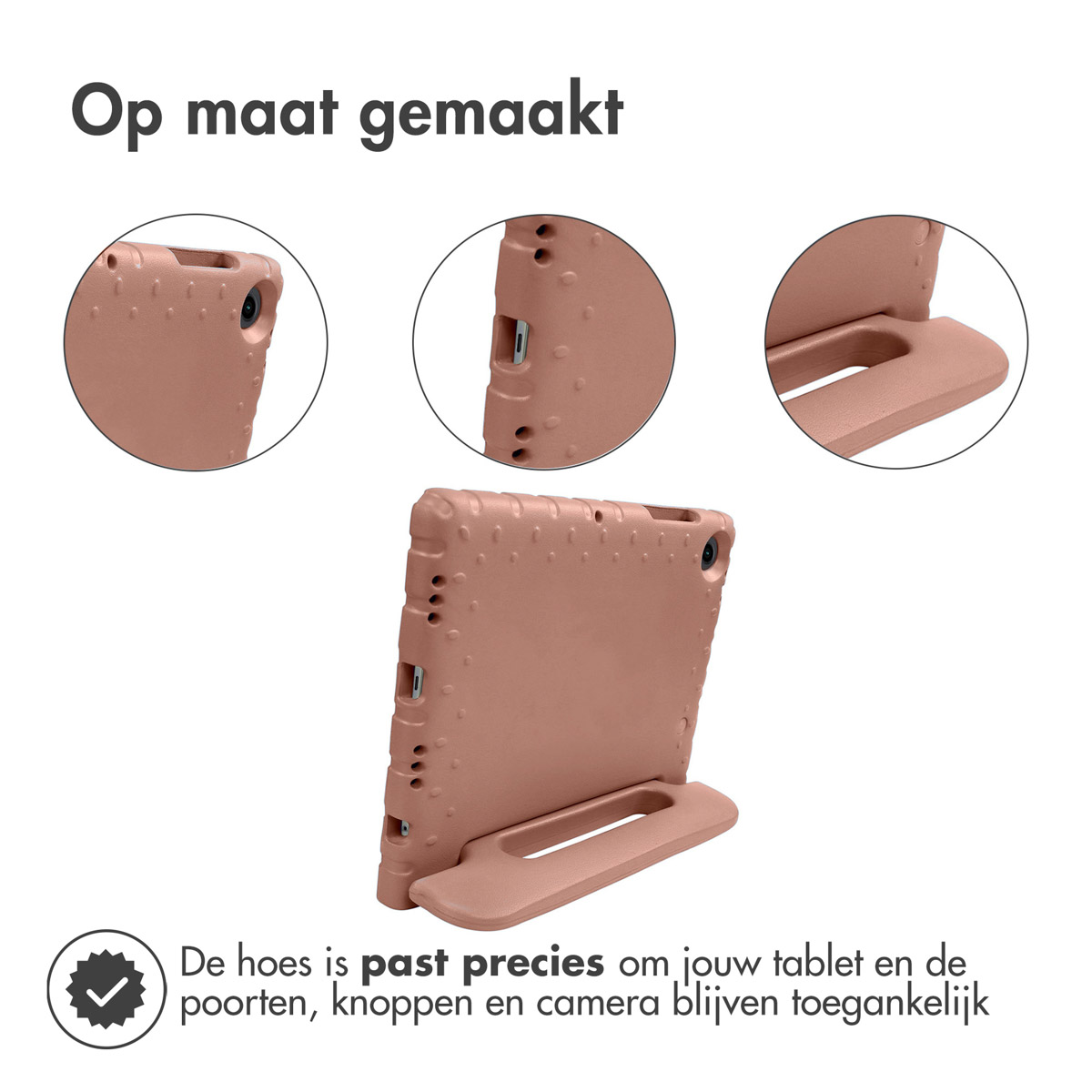 Een roze tablethoes met uitsparingen voor poorten en een standaard. Details van de hoes worden getoond.