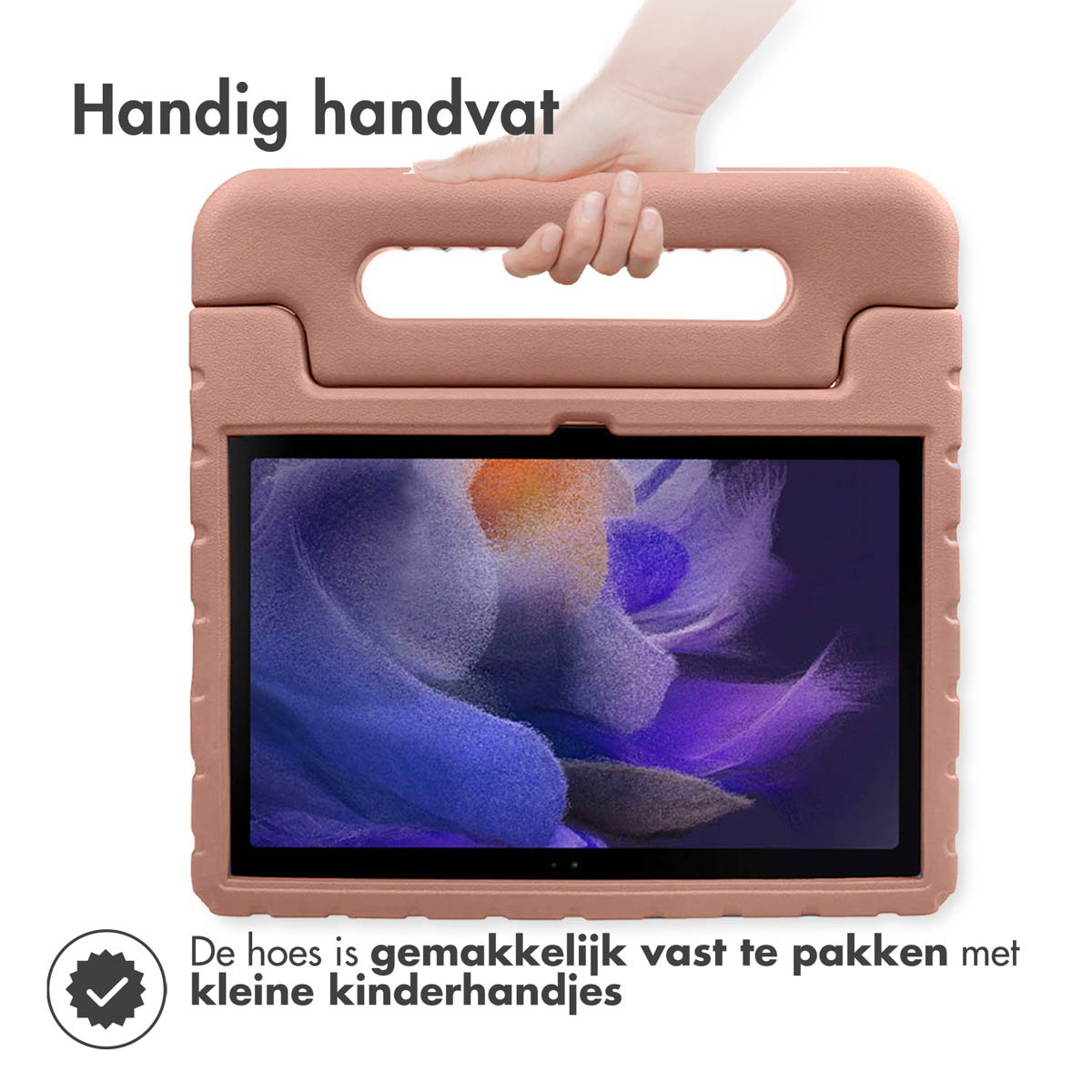 Roze tablethoes met handvat, vastgehouden door een hand.