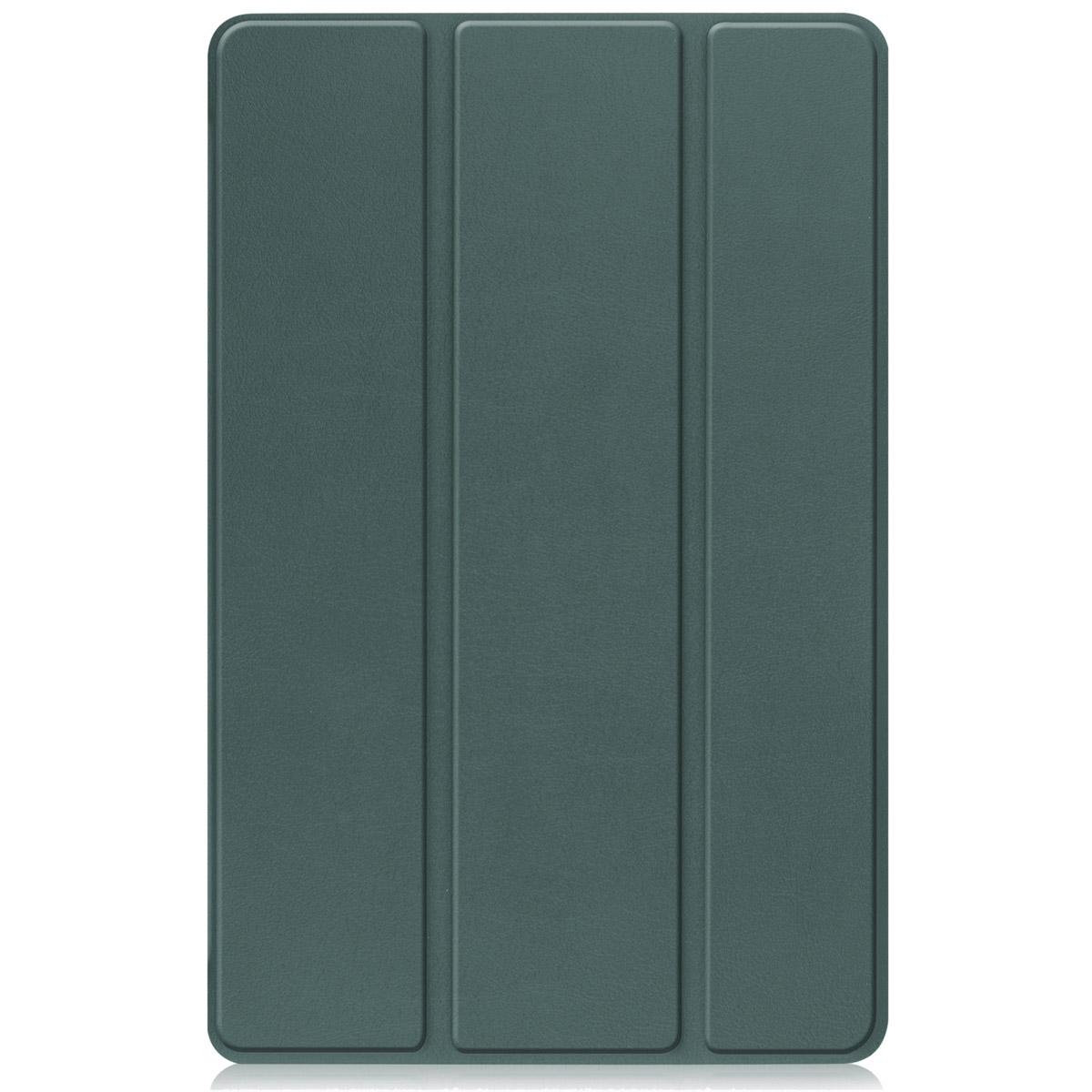 A teal tablet case, closed. Three vertical panels with subtle texture.