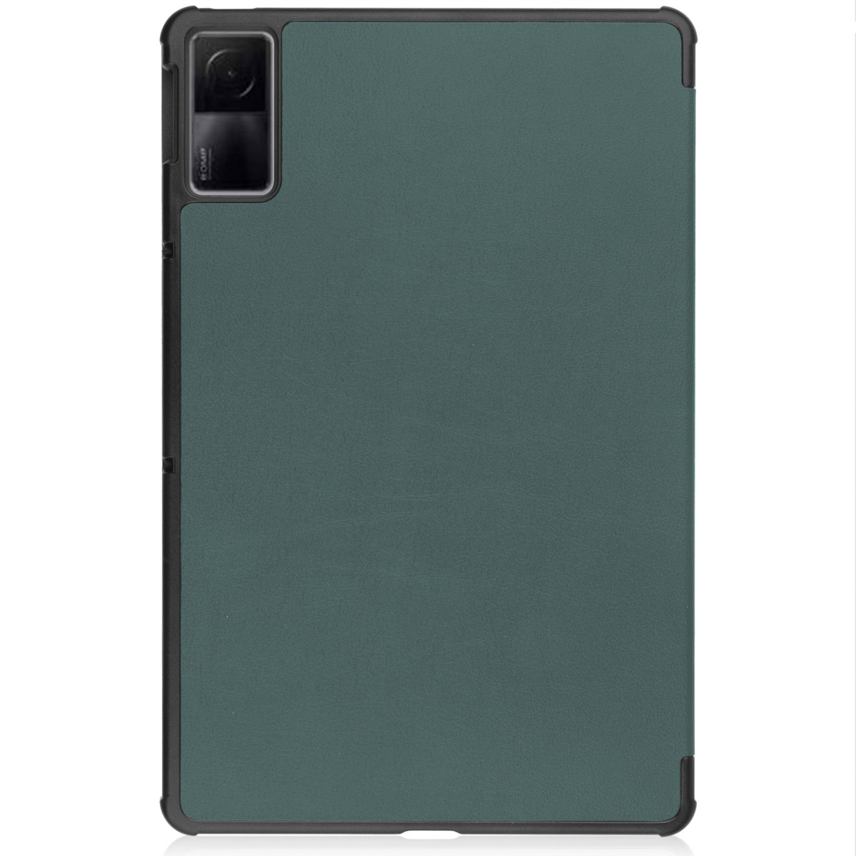 Tablet in a green case. The case is rectangular and has a camera cutout.