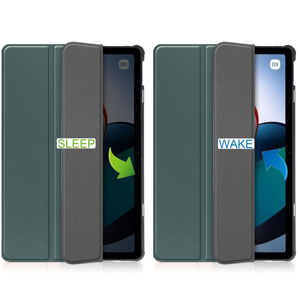 Tablet case open and closed. Green cover, gray spine, and tablet screen. Sleep and Wake labels.
