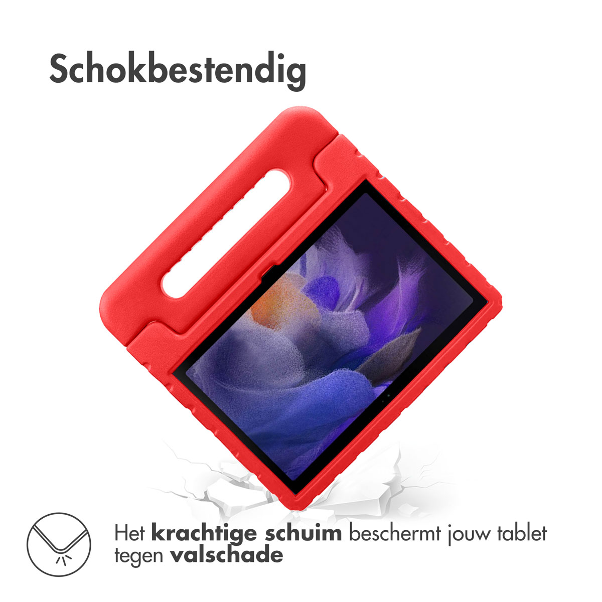 Rode tablethoes beschermt een tablet. Tekst: Schokbestendig. Het schuim beschermt tegen vallen.