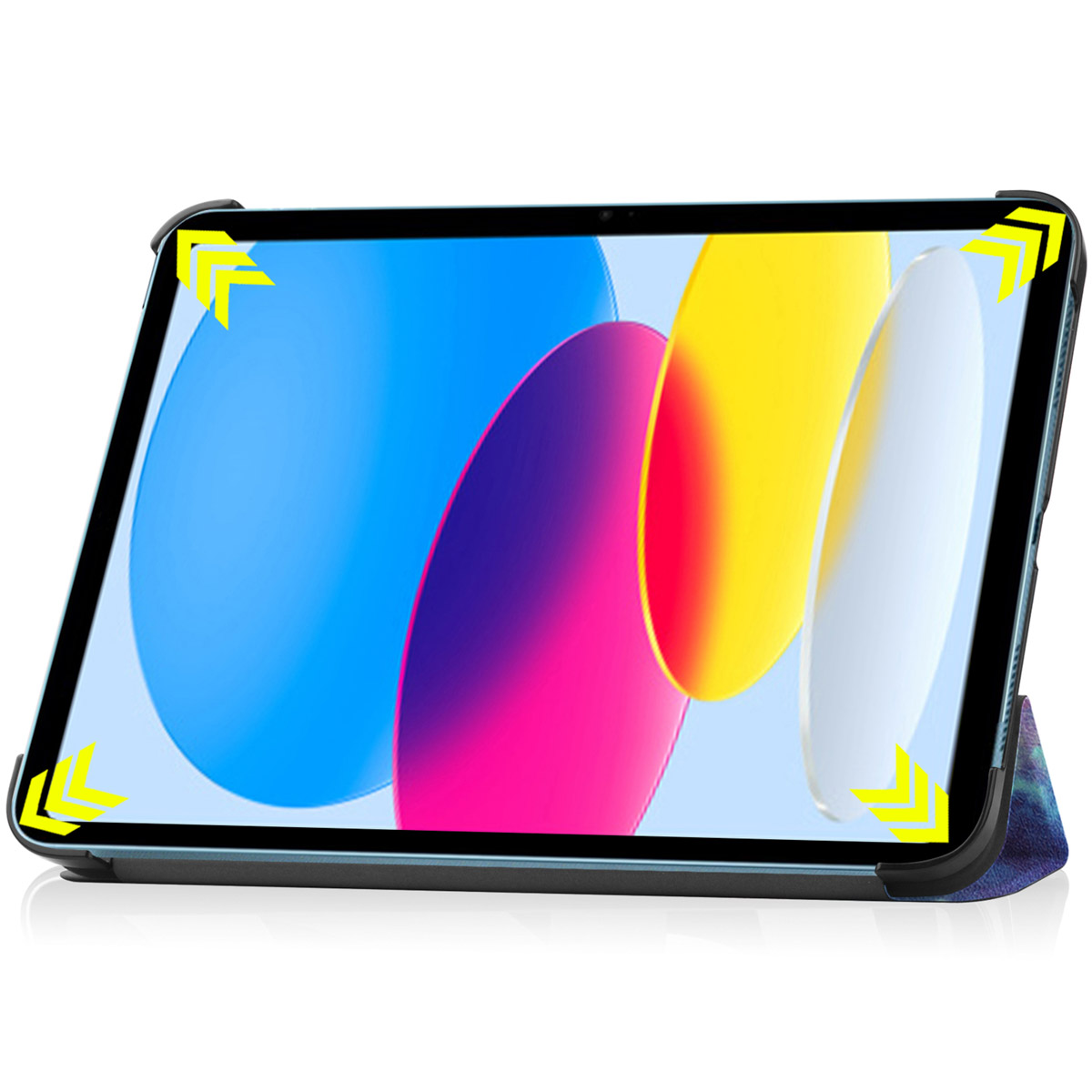 Une tablette avec fond bleu et violet, debout dans un étui.