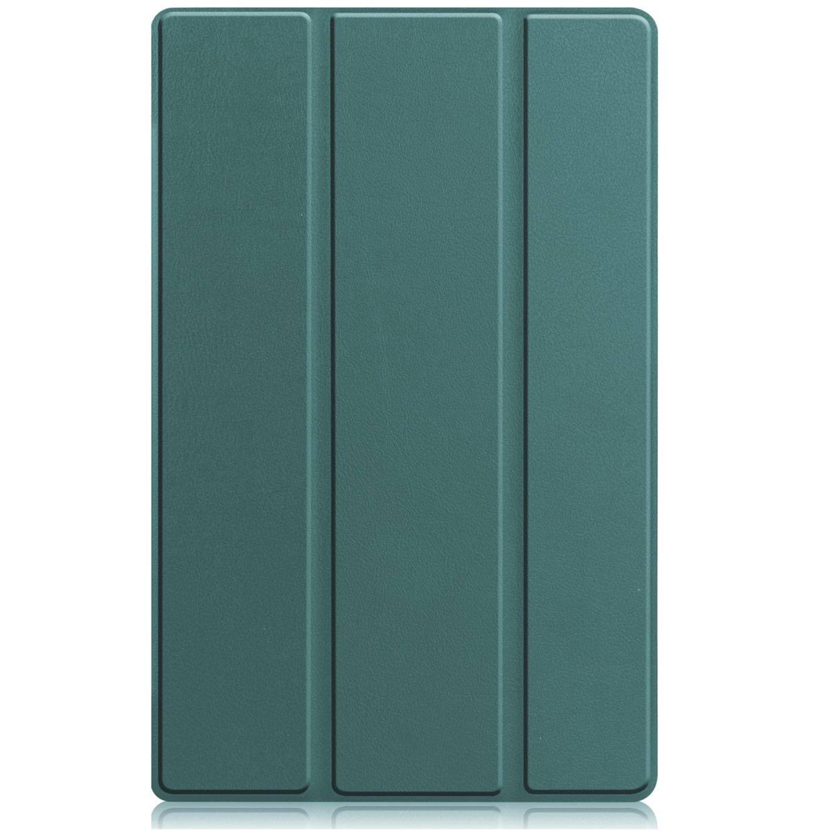 Blauwgroene tablethoes, gesloten, de buitenkant met drie verticale lijnen tonend.
