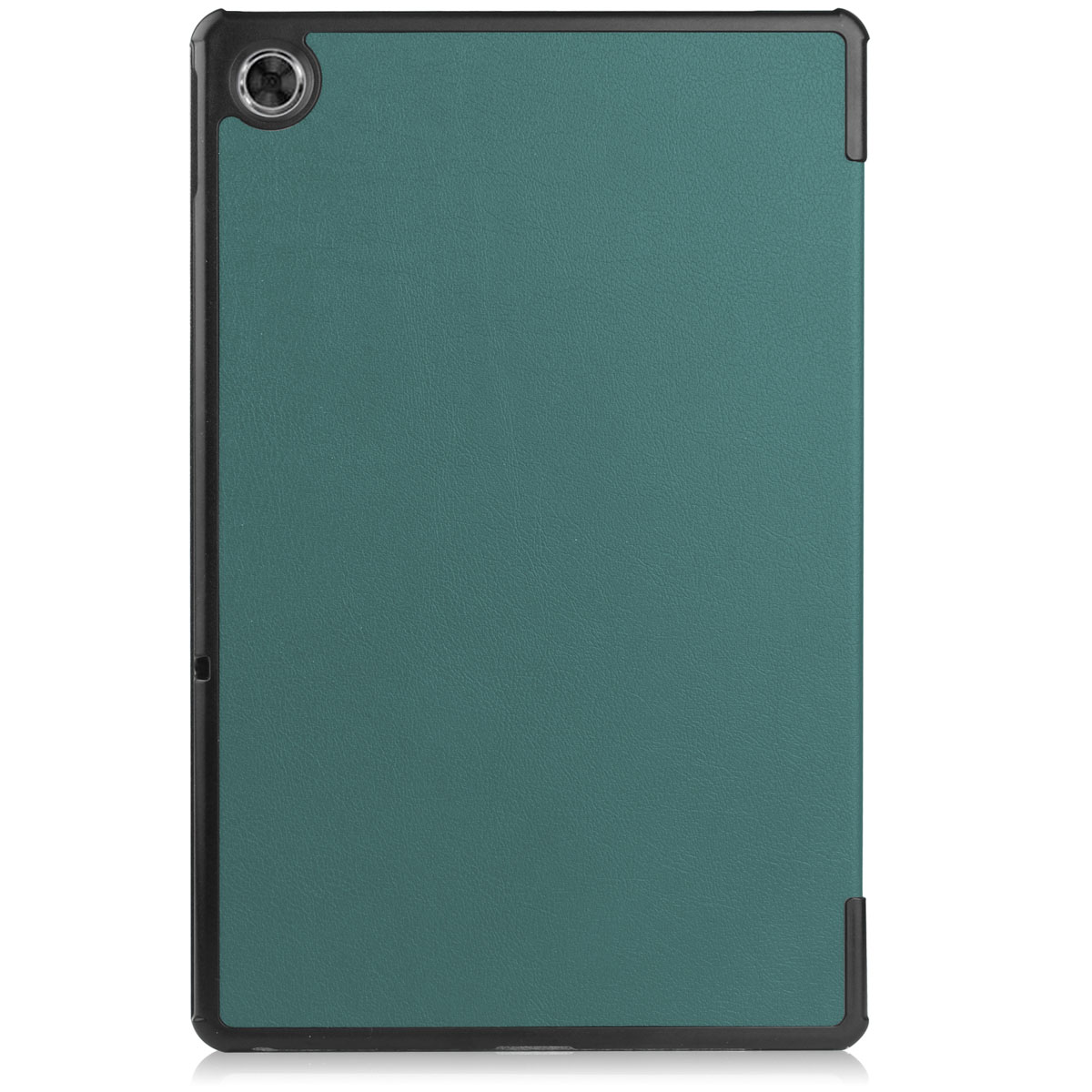 Een teal tablet in een zwarte hoes. De hoes heeft een cameragat en zwarte randen.