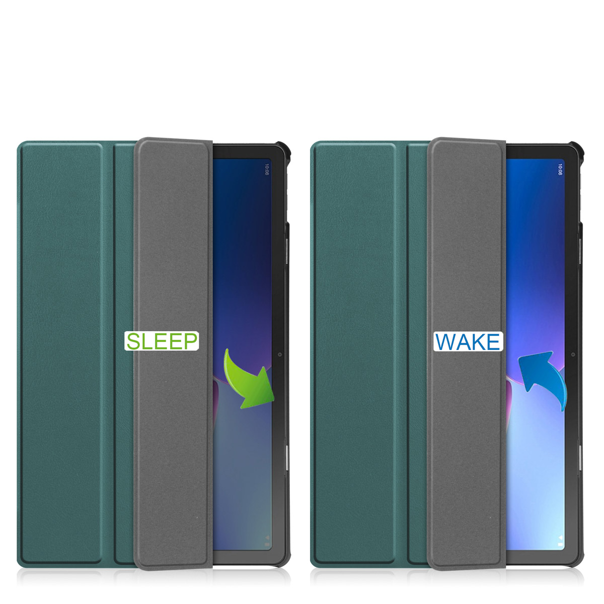 Twee tablets tonen slaap- en waakmodi. Eén heeft een groene hoes met 'Sleep', de andere 'Wake'.